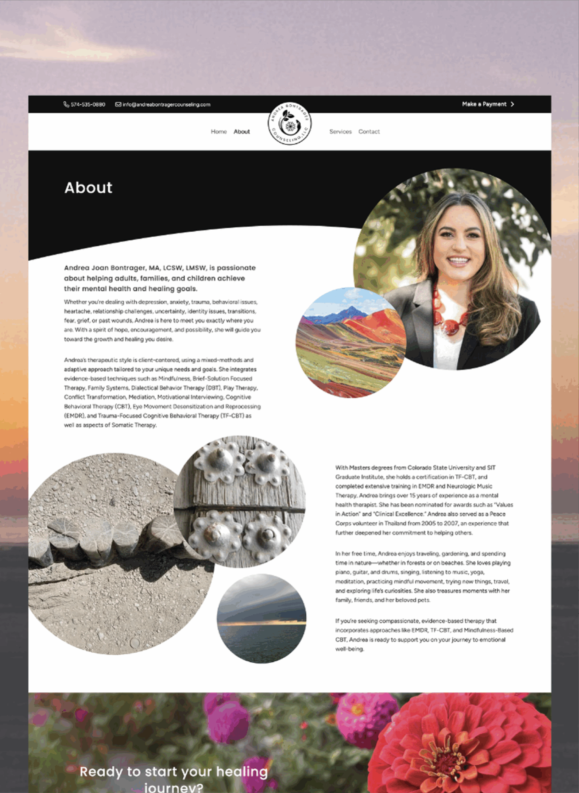 A professional “About” webpage features a portrait of a smiling woman in business attire, descriptive text about her counseling service, colorful landscapes, natural close-ups, and floral imagery at the bottom.