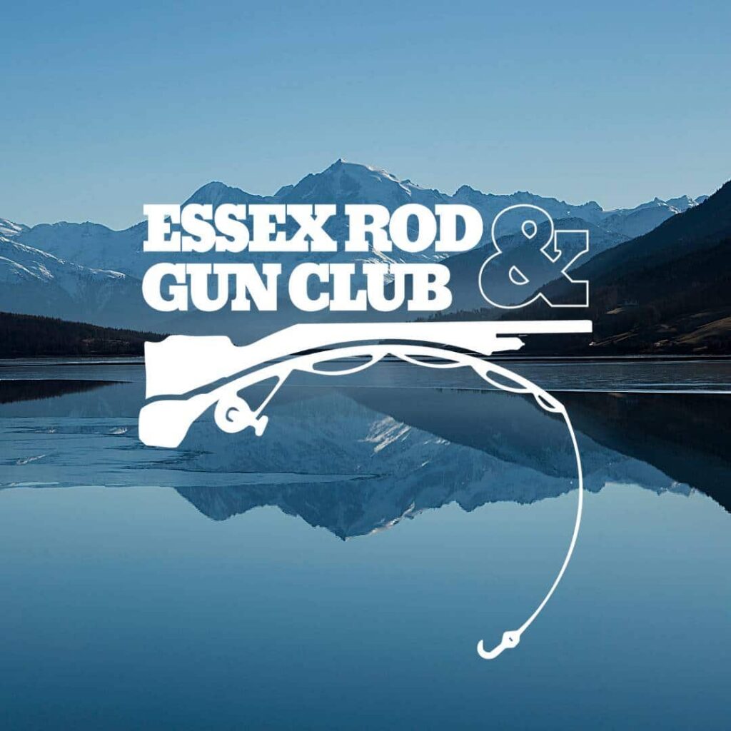 Logo for Essex Rod & Gun Club, featuring a rifle and fishing rod over a scenic lake with mountains and a clear blue sky—ideal for use on your club’s website or as part of custom website design by a skilled web designer.
