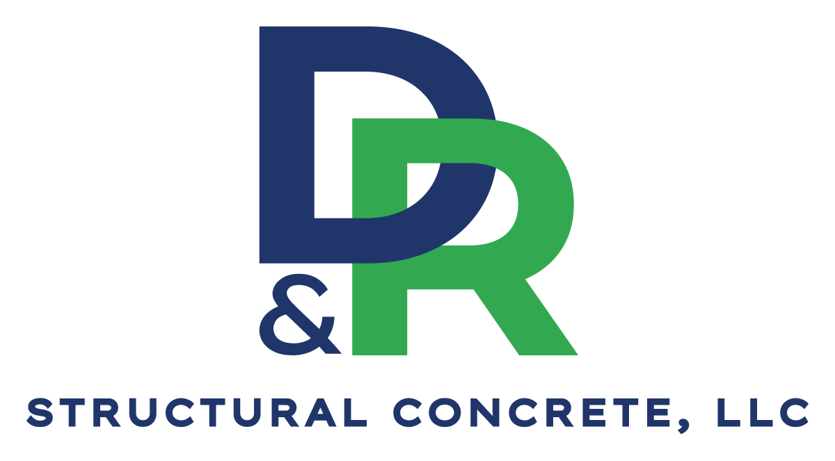 Logo for D&R Structural Concrete, LLC, created by Moonlit Media, featuring large overlapping blue D and green R letters above the company name in blue uppercase text on a light background—perfect for those seeking professional logo design services.