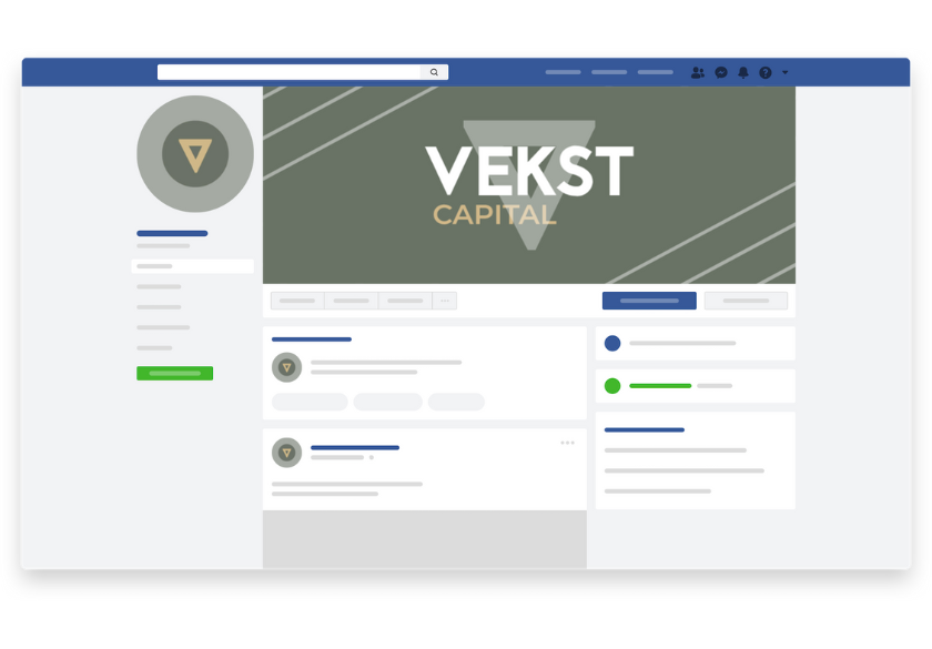 A social media profile page for VEKST CAPITAL featuring a circular logo, a large cover photo with the company name, navigation tabs, posts, and a green button on the left sidebar—showcasing sustainable graphic design trends for 2026.