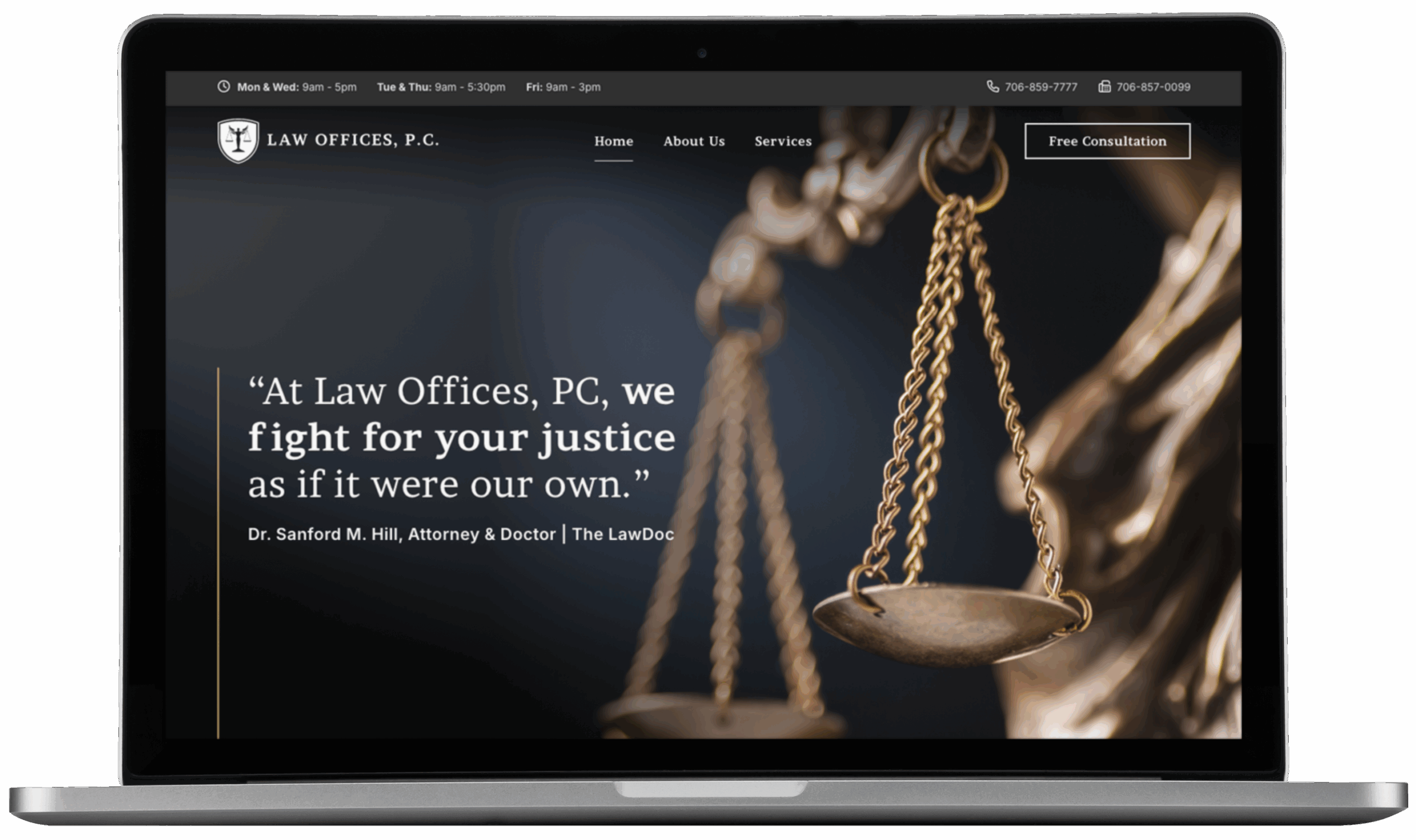 A laptop screen displays an Atlanta law firm branding website with an image of justice scales, contact info, and a quote: At Law Offices, PC, we fight for your justice as if it were our own.