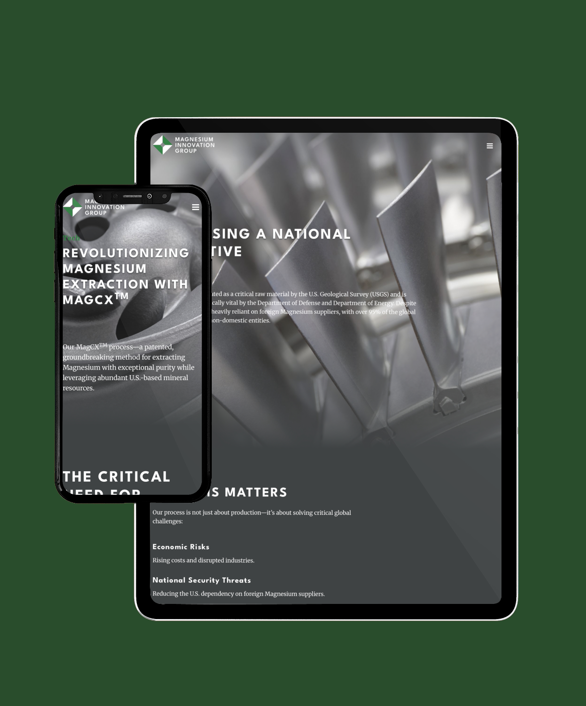A smartphone and tablet showcase a sleek Website Design for Revolutionizing Magnesium Extraction with MAGCX™, set against a backdrop of metallic machinery, highlighting innovation in Mineral Supply.