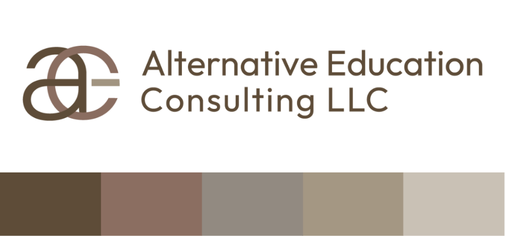 | Moonlit Media LLC Logo design for Alternative Education Consulting LLC features intertwined A and E initials on the left. Below is a palette of five neutral shades from dark brown to light gray-beige, ideal for educational consultants’ website design. Text and logo are matching brown.