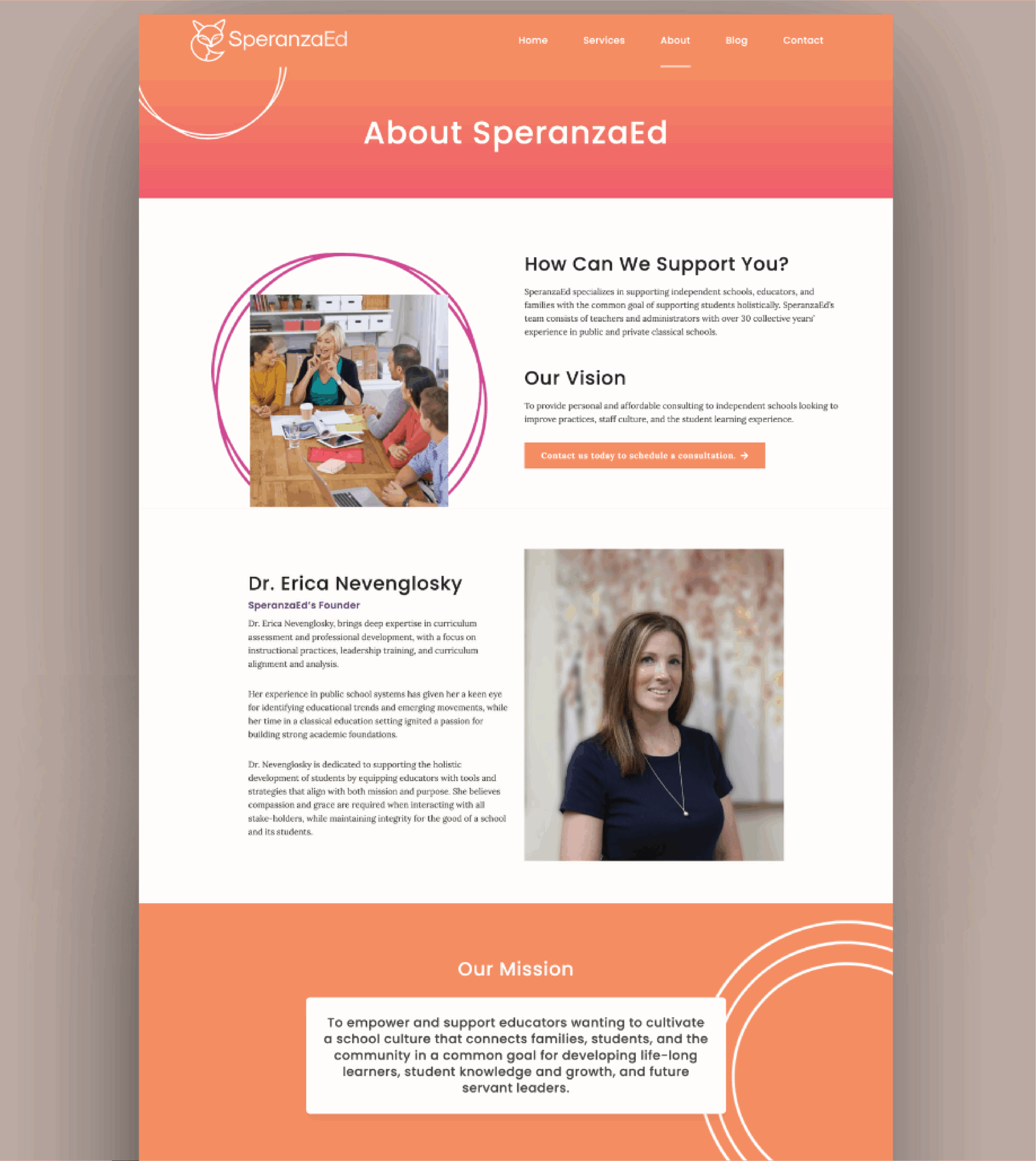 Screenshot of the About page for SperanzaEd, showcasing educational consultants, the company's support, vision, founder Dr. Erica Neven-glosky, and mission—plus photos of people collaborating and the founder smiling.