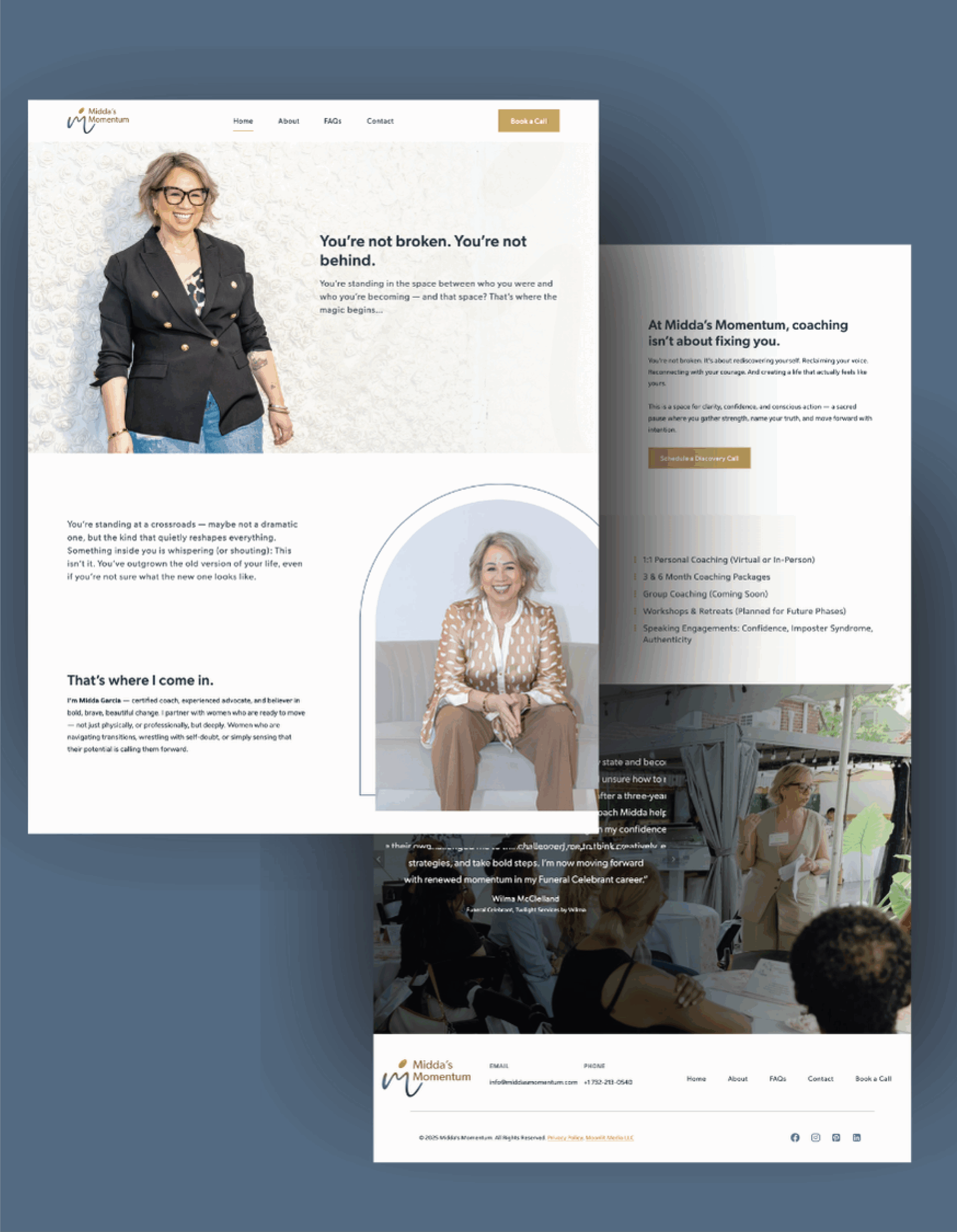 Screenshot of a life coaching website featuring a smiling woman wearing glasses and a blazer, text about coaching services, educational consultants, and photos of her teaching a group in a calm, modern setting—showcasing thoughtful website design.