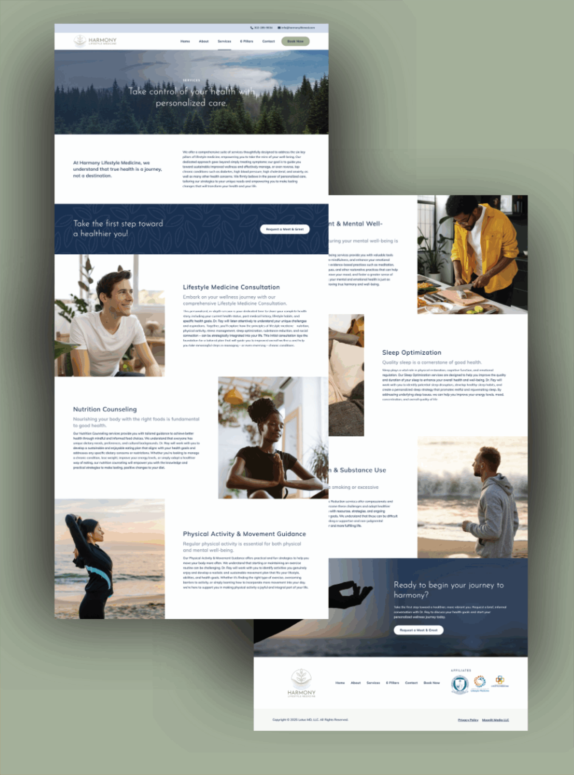 | Moonlit Media LLC A wellness website homepage featuring nature imagery, sections on health services like nutrition, sleep optimization, and lifestyle consultation, with photos of lifestyle coaches meditating, exercising, meal prepping, and enjoying nature.