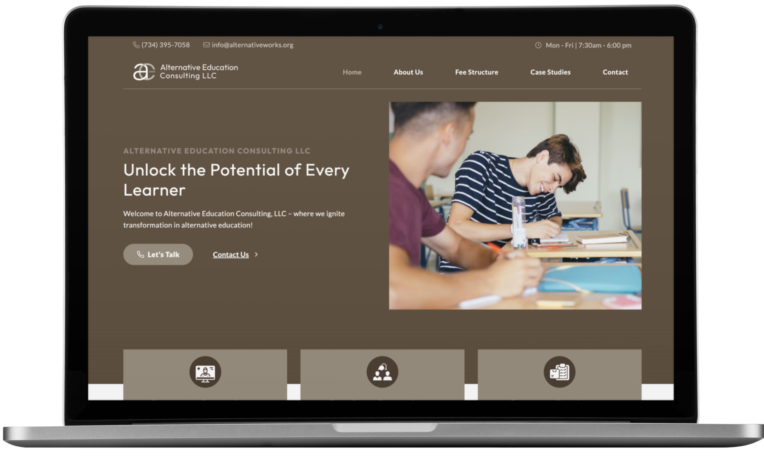 | Moonlit Media LLC A laptop displays a website for Alternative Education Consulting LLC, showcasing its logo design in the header, navigation menu, and an image of two students working at desks. The headline reads “Unlock the Potential of Every Learner.”.