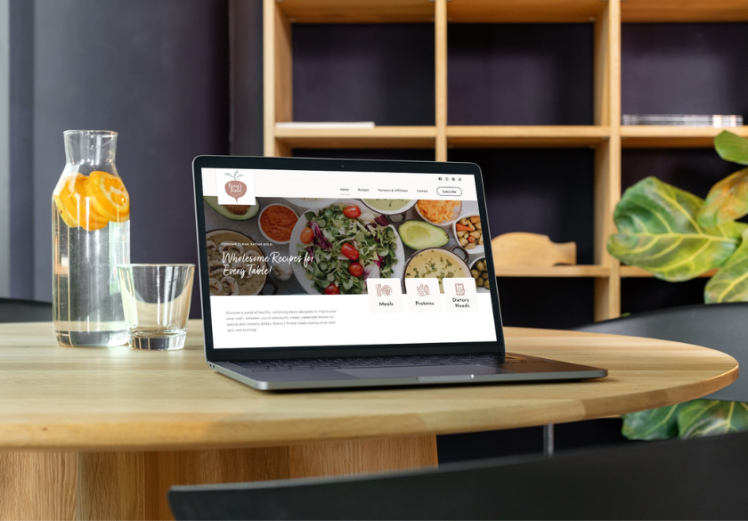 A laptop displaying small business website pages for food recipes sits on a round wooden table next to a glass and a carafe of water with lemon slices. There is a large green plant and a wooden shelf in the background.