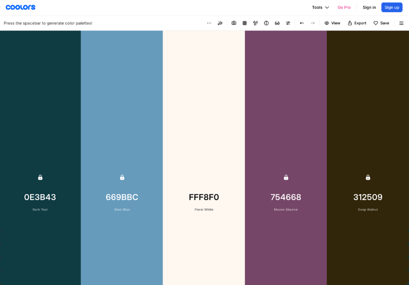 How to Choose the Right Color Palette for Your Brand color palette tools A digital color palette generator helps you choose five vertical color swatches labeled: Dark Teal (#0E3B43), Steel Blue, Floral White, Mauve Shadow, and Dark Brown—perfect for defining your brand personality.
