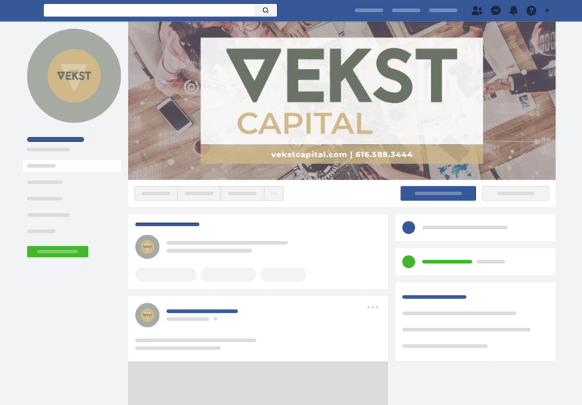 A Facebook business page for Vekst Capital featuring a banner with the company logo, website, and phone number—showcasing clear brand messaging and the hidden language of design across posts, profile picture, and navigation tabs.