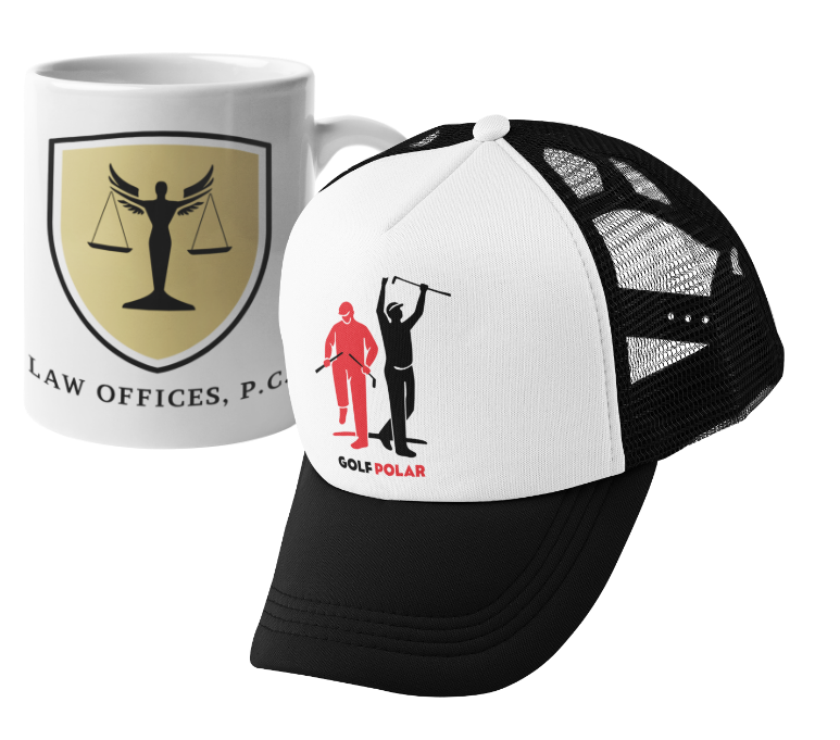 A white coffee mug with a custom law office logo sits beside a black-and-white mesh trucker hat featuring two golfers and the text GOLF POLAR in black and red—perfect for entrepreneurs and small businesses seeking standout branding.