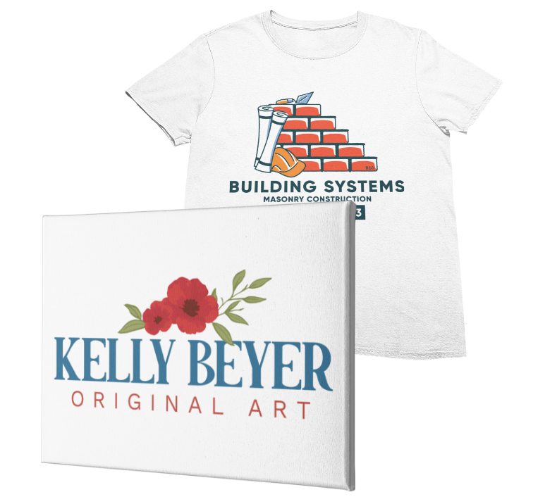 A white T-shirt with a masonry construction logo and a canvas featuring KELLY BEYER ORIGINAL ART and red flowers, both displayed on a light background—perfect for unique brands or those seeking custom illustrations.