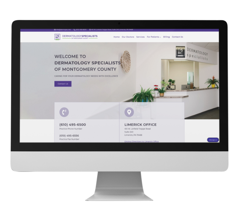 A computer monitor displays the homepage of Dermatology Specialists of Montgomery County, showcasing a modern medical practice website design with contact information, office location, and a welcoming reception area photo.