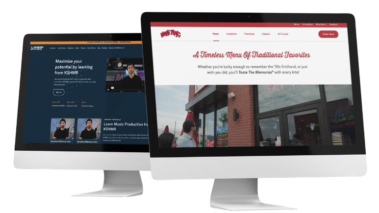 Two desktop computer monitors display custom website design: the left shows a dark-themed site for music production courses, while the right highlights a restaurant website with bold red accents—perfect for service-based brands and small businesses.