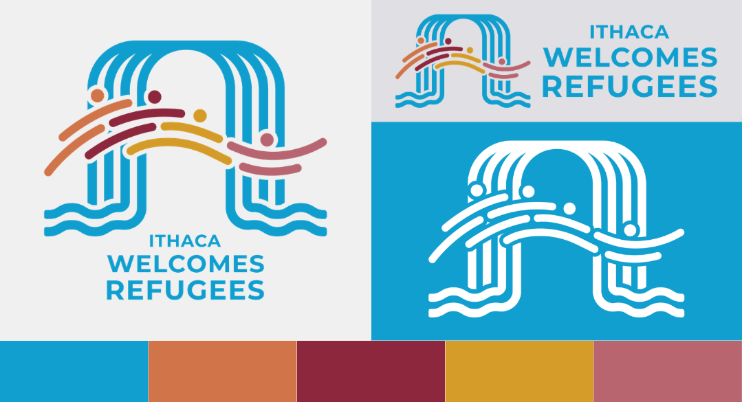 Logo for “Ithaca Welcomes Refugees” featuring stylized arches, waves, and figures in blue, gold, and red—perfect for print design on white or blue backgrounds. Inspired by handcrafted soap aesthetics.