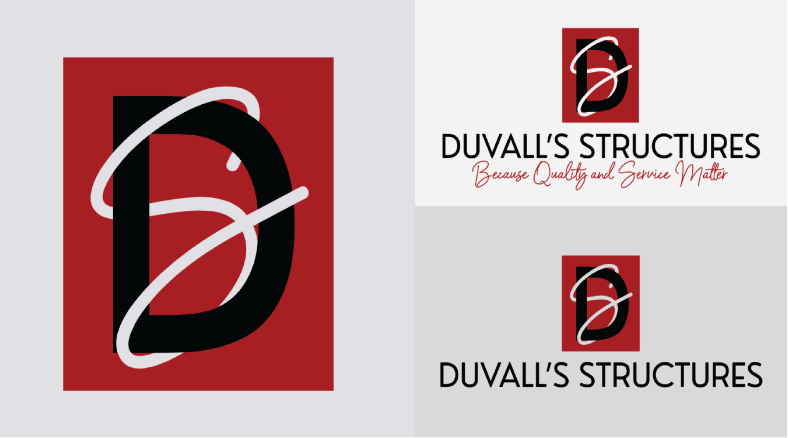 A logo featuring a large black D with a white swoosh on a red square, evoking a touch of 1950s-themed diner style. Below, the text reads DUVALLS STRUCTURES, with one version displaying the slogan Because Quality and Service Matter in red script.