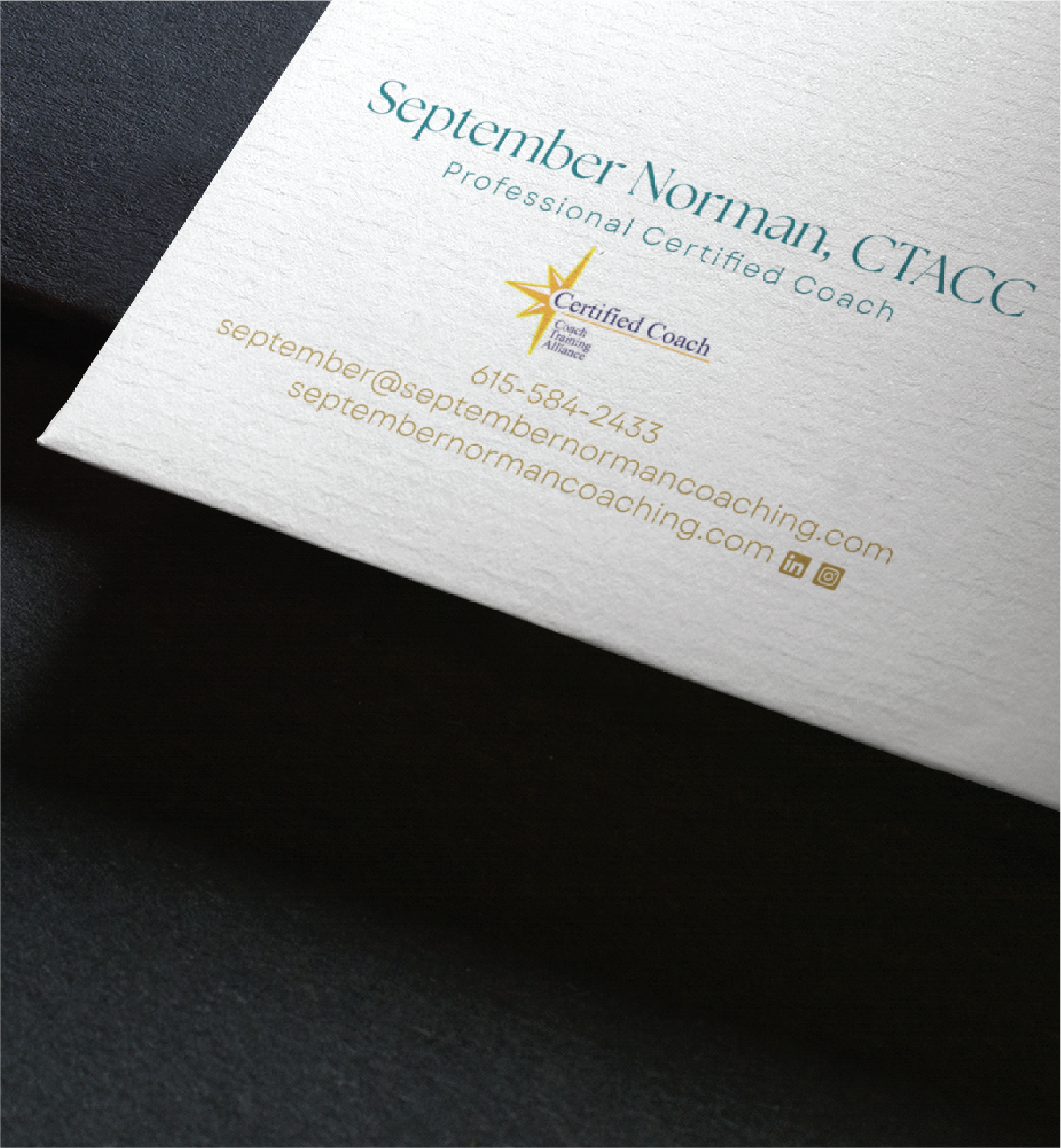 A custom business card for September Norman, CTACC, Professional Life Coach, featuring contact details, a Certified Coach badge, email address, phone number, website, and LinkedIn and Instagram icons on a white textured Tenne-inspired card.