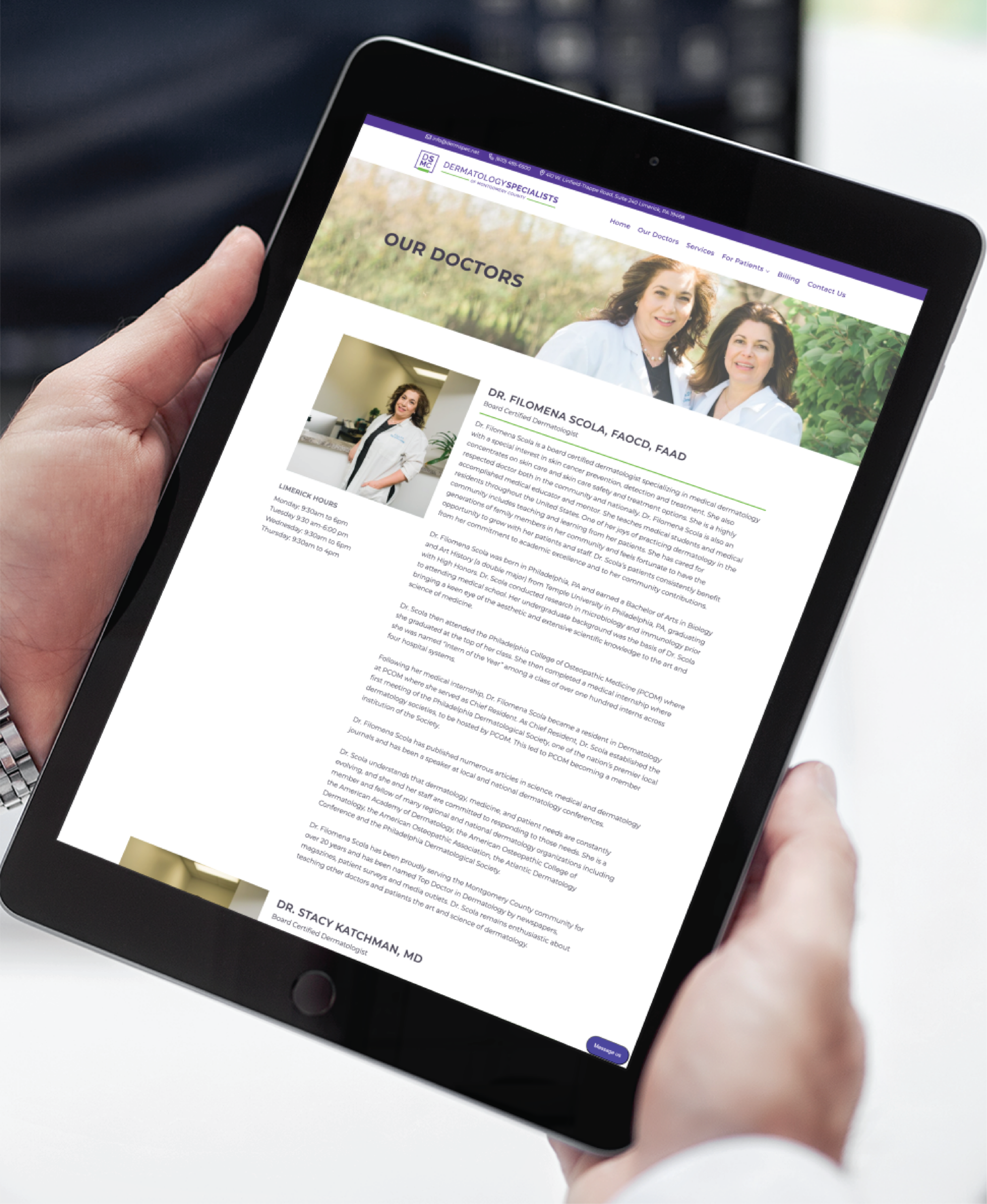 A person holds a tablet displaying a well-designed medical practice website page titled Our Doctors, featuring photos and profiles of two female physicians in Pennsylvania, along with detailed text about their qualifications and experience.