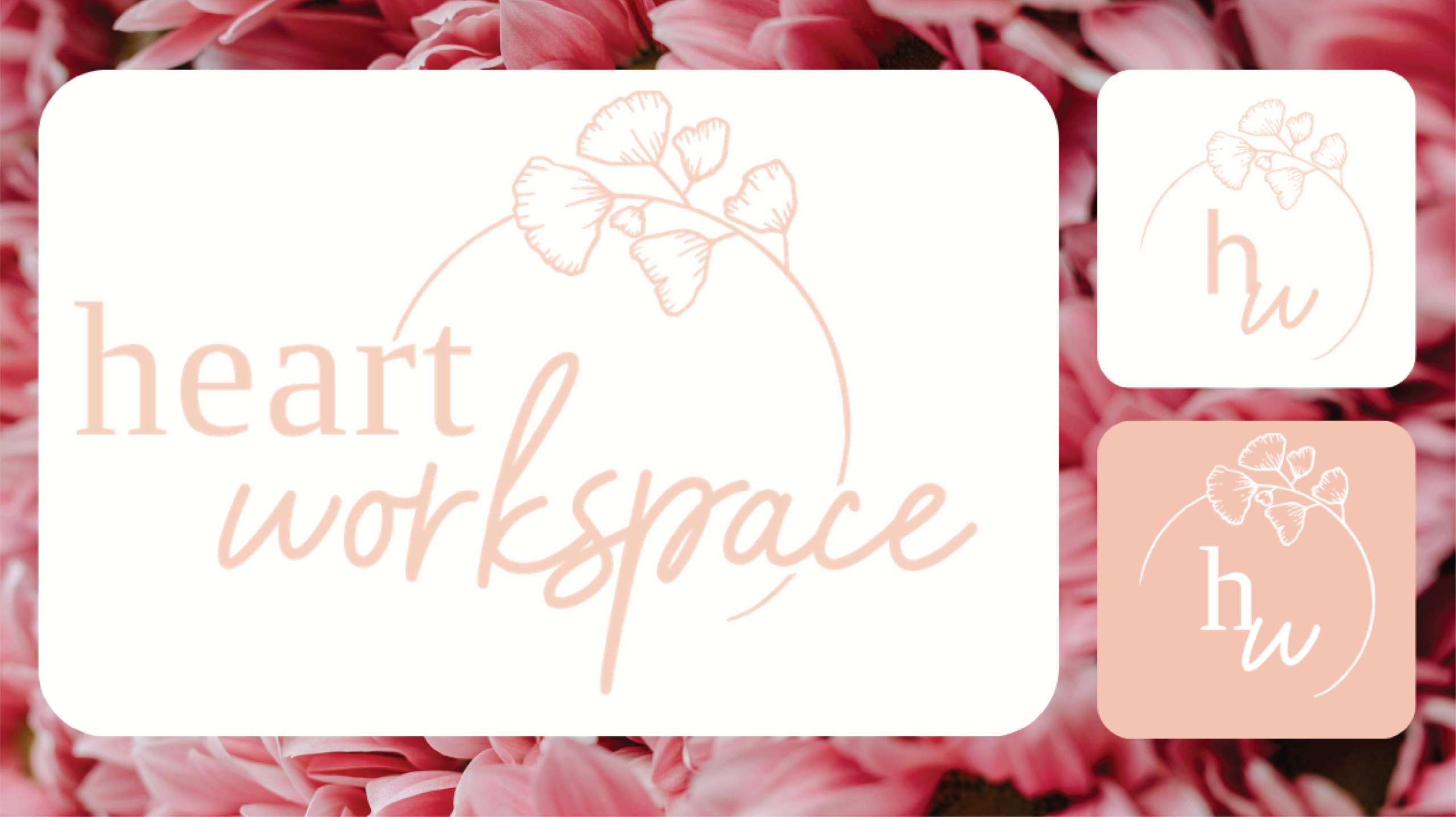 A custom logo design for “heart workspace,” ideal for a New York nonprofit organization, with delicate ginkgo leaves above the text on white and pink backgrounds, surrounded by pink flowers. Smaller icons feature “hw” initials with matching leaves.