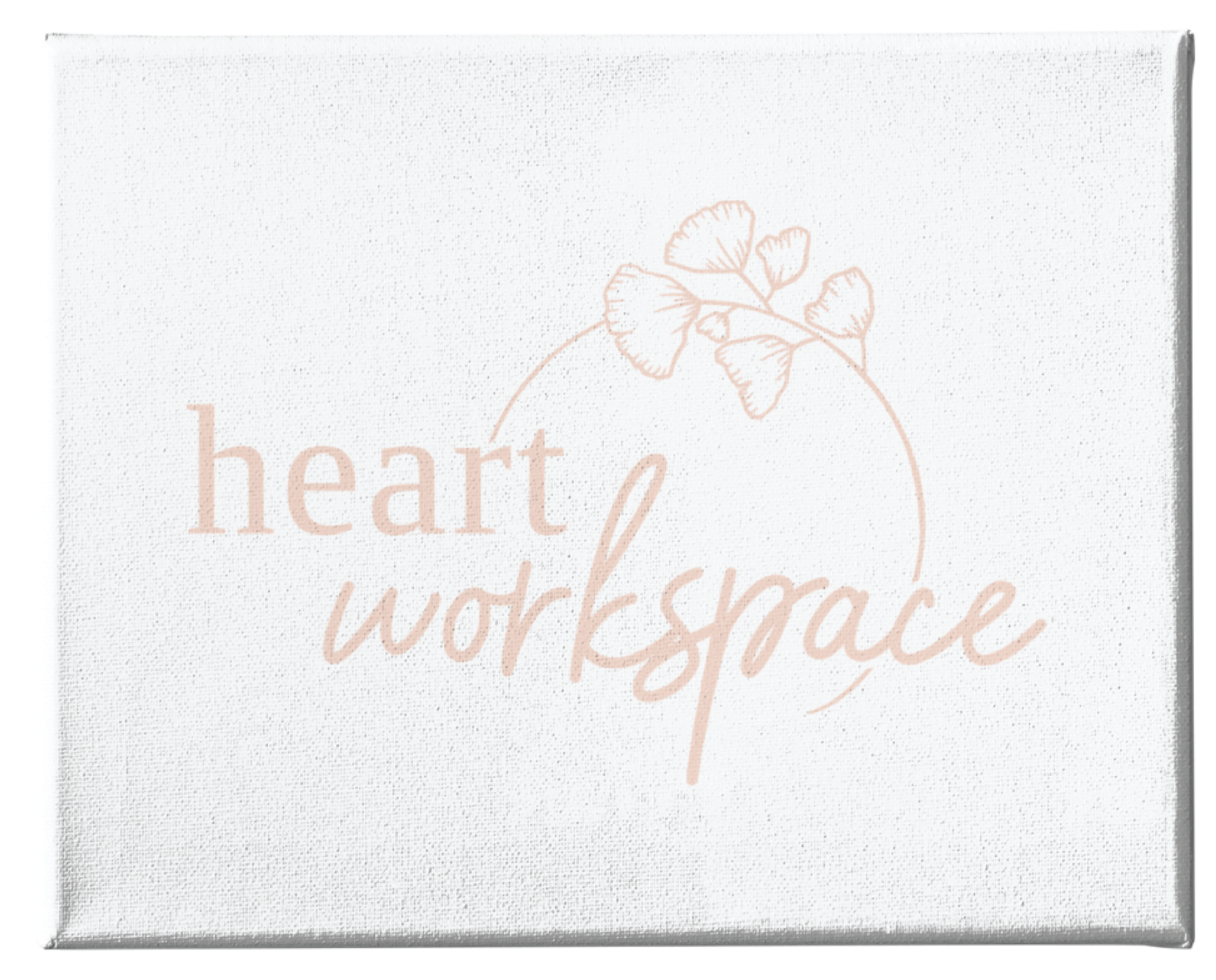 Text on a white textured background reads heart workspace in light peach-colored script and serif fonts, with a simple ginkgo leaf illustration above the text—perfect for a nonprofit organization's custom logo design.
