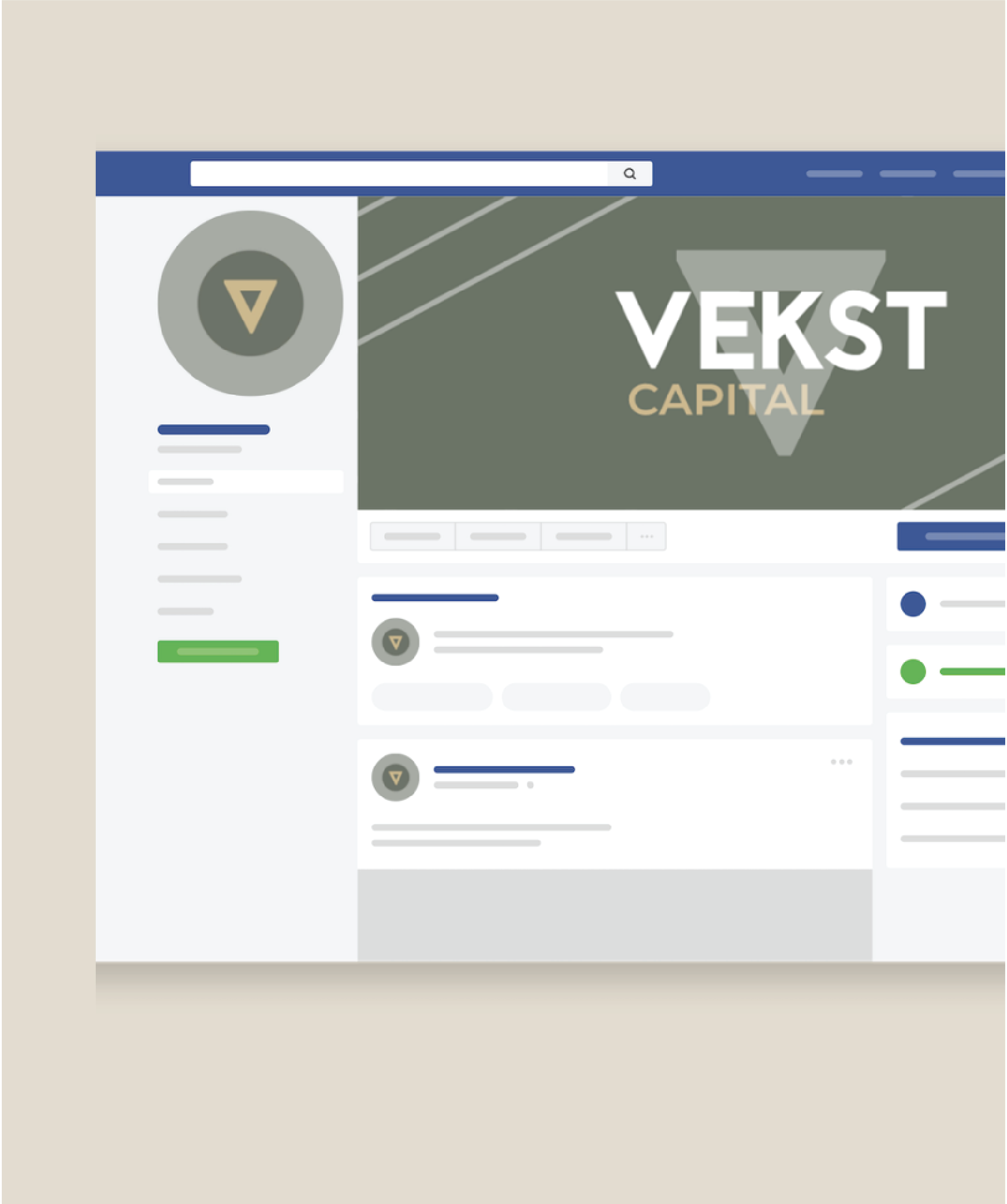 A computer screen displays a social media profile page for Vekst Capital, showcasing a sleek web design with a grey and green cover image featuring geometric patterns and the company logo. The layout includes posts, navigation menus, and highlights from South Carolina.