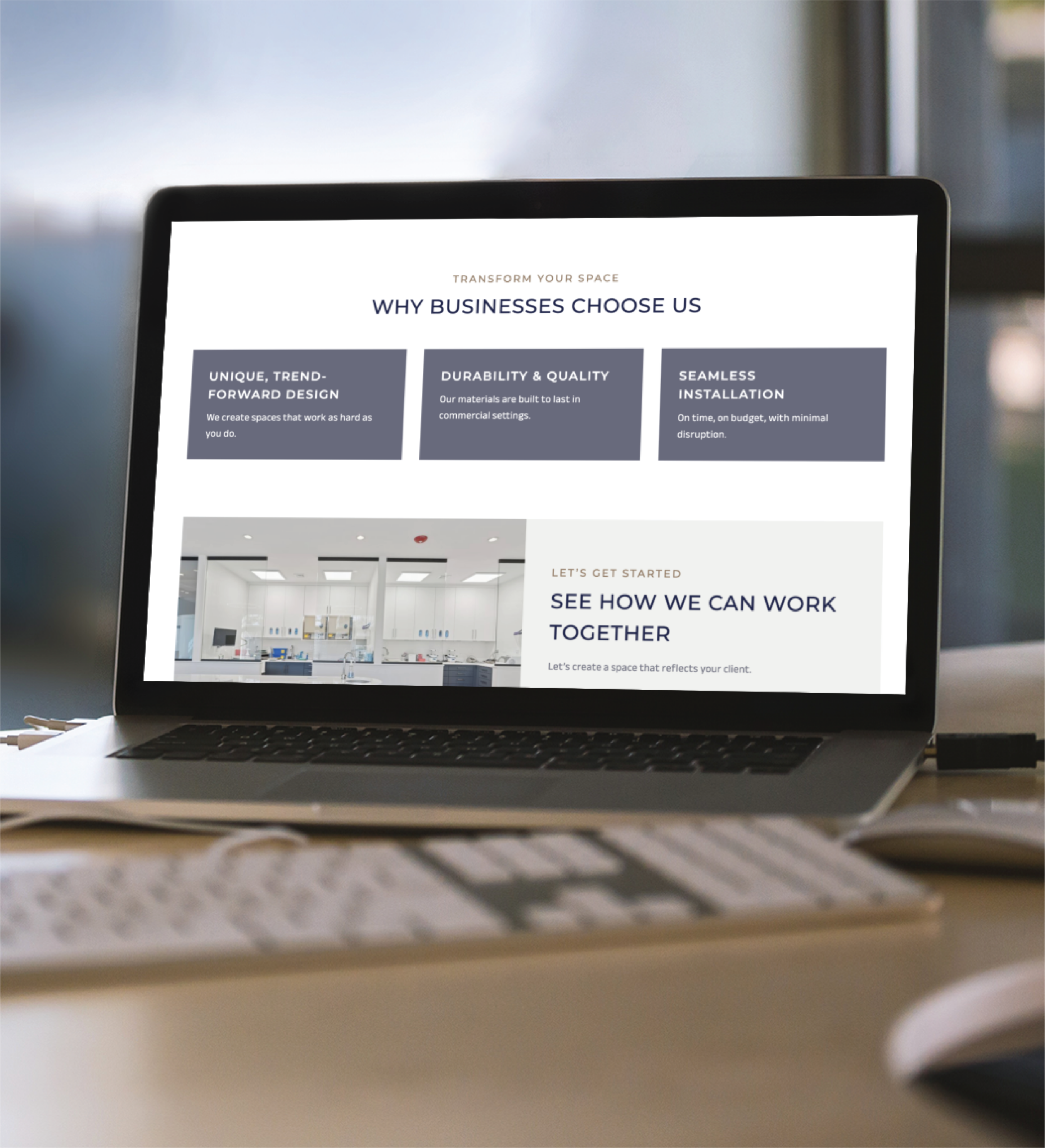 A laptop on a desk displays a website section titled WHY BUSINESSES CHOOSE US, highlighting unique design, durability, quality, and seamless installation for Pennsylvania clients, with a modern office photo below—ideal for beauty salons seeking custom web design.