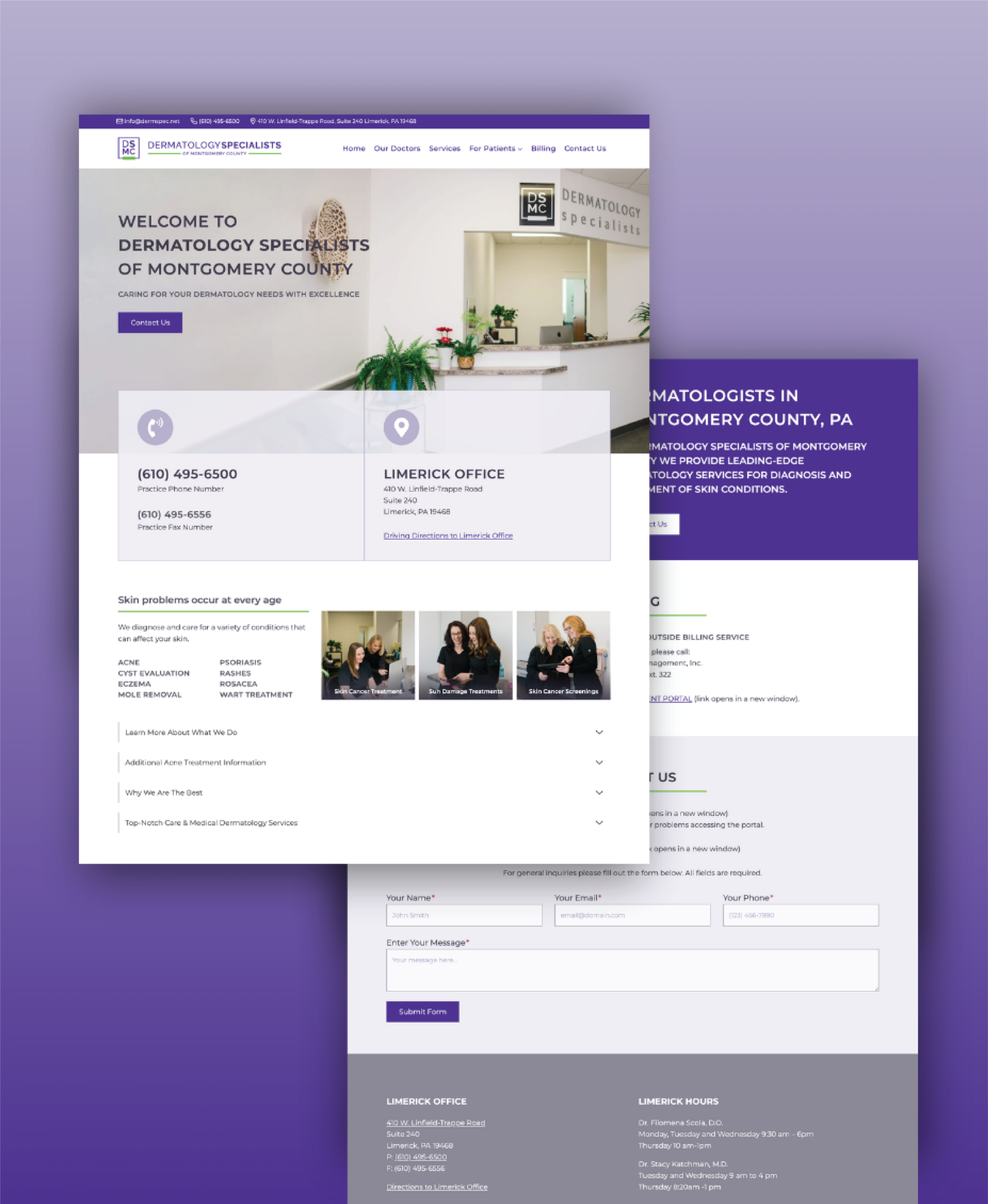 Screenshot of a Pennsylvania dermatology clinic website homepage featuring the clinic name, contact details, staff photos, office locations, a navigation menu, and purple-accented sections on a gradient purple background—showcasing modern medical practice website design.