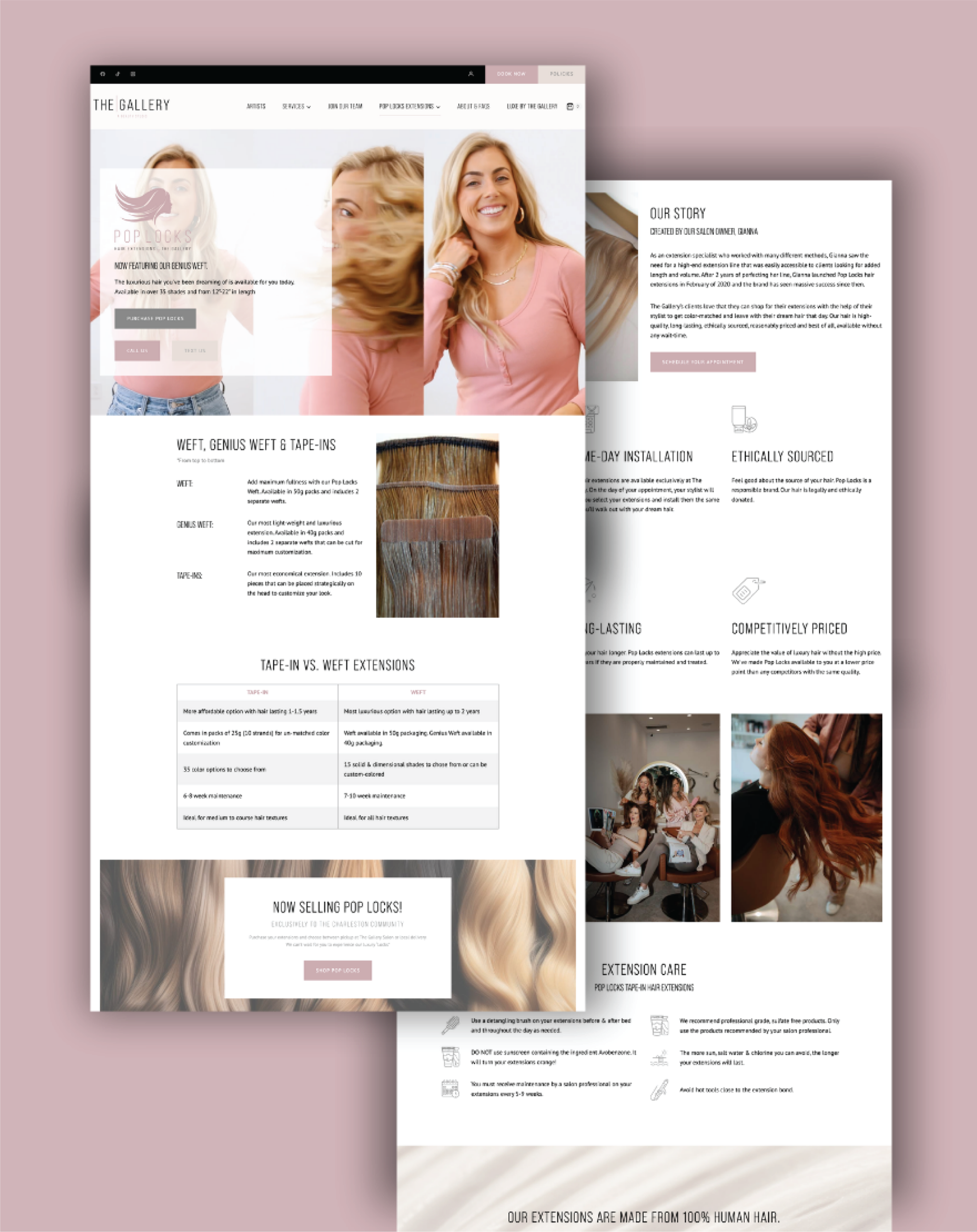 Two overlapping screenshots of a Beauty Salon website design, featuring images of women with styled hair, hair extension products, service descriptions, and a soft pink and white color scheme inspired by South Carolina’s charm.