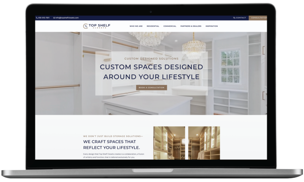 A laptop displaying the Top Shelf Cabinetry website, designed with Custom Web Design, shows a banner image of a modern, organized walk-in closet and text that reads, Custom Spaces Designed Around Your Lifestyle.