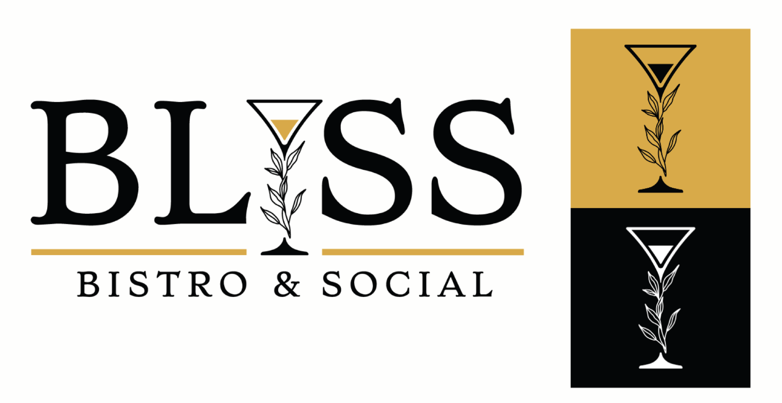 Custom Logo Design for Bliss Bistro & Social, a Florida restaurant. A martini glass forms the I in BLISS, featuring a gold fill and leafy stem. The logo repeats on gold and black backgrounds to enhance the brand’s elegant style.