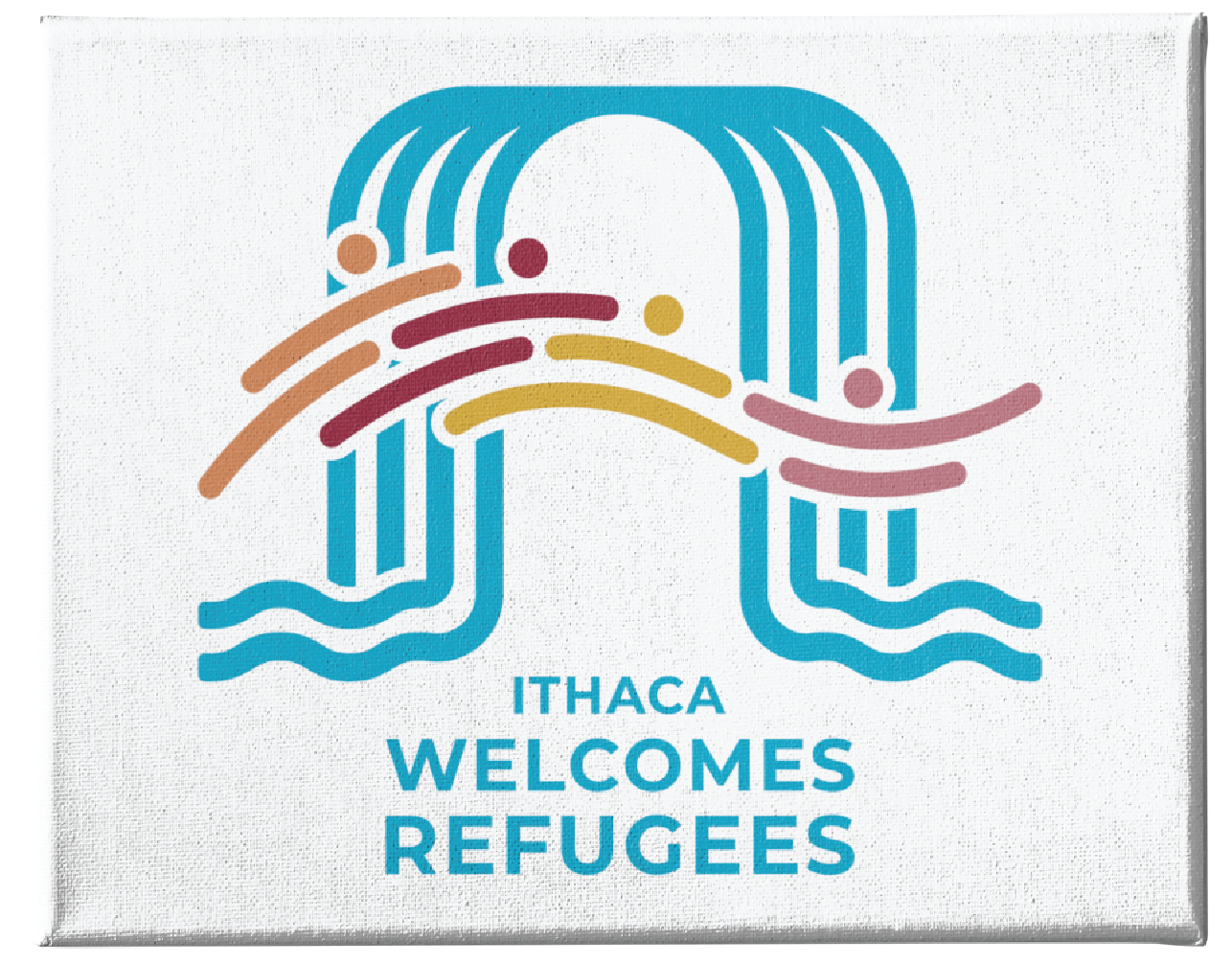 A graphic with a stylized blue waterfall, colorful curved lines, and figures crossing represents people. Text below reads Ithaca Welcomes Refugees—custom logo design created for this New York nonprofit organization.