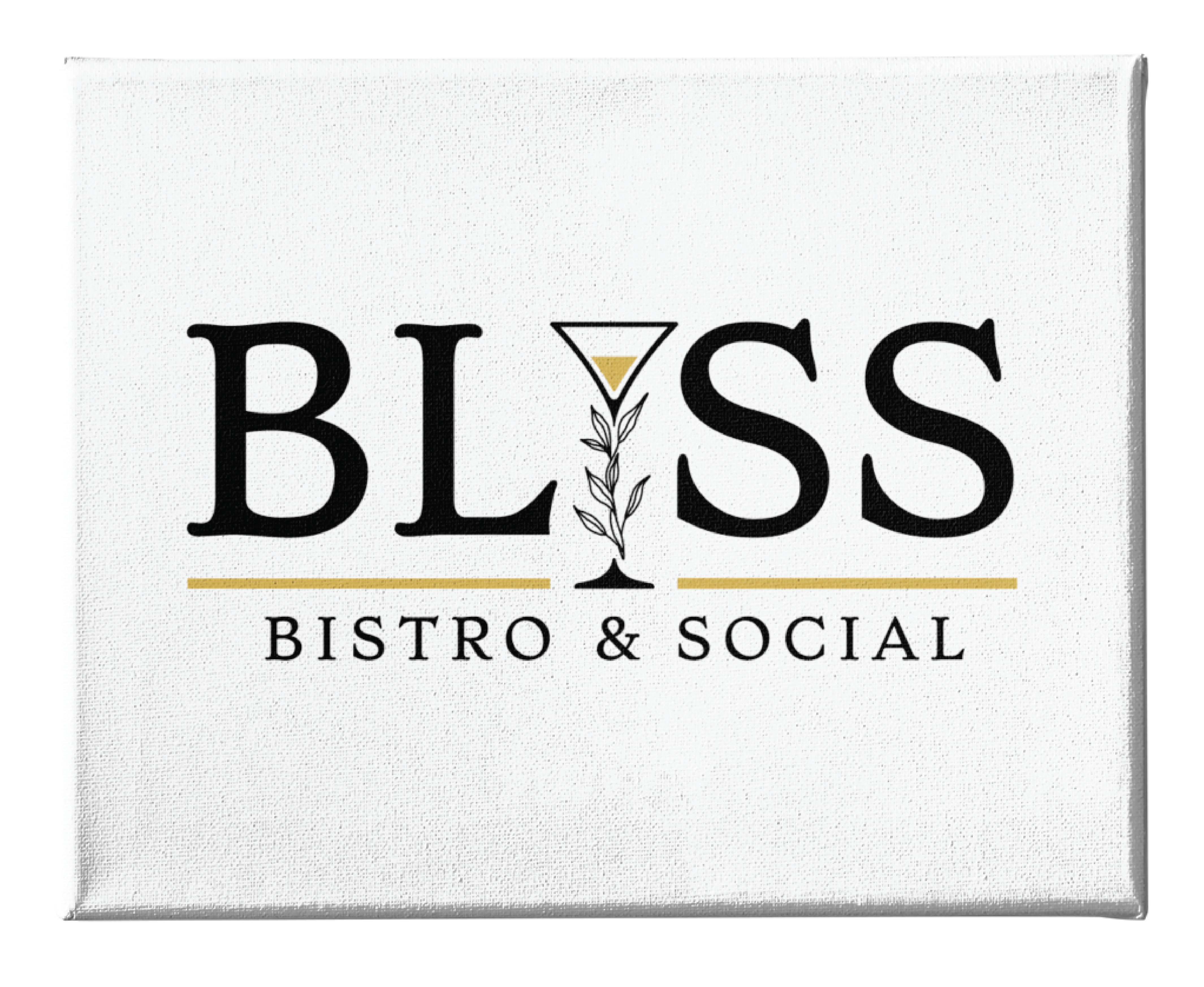 Custom logo design for Bliss Bistro & Social, a Florida restaurant, with the 'I' in BLISS shaped like a martini glass and gold accents. Black text on a white background is complemented by elegant gold horizontal lines.
