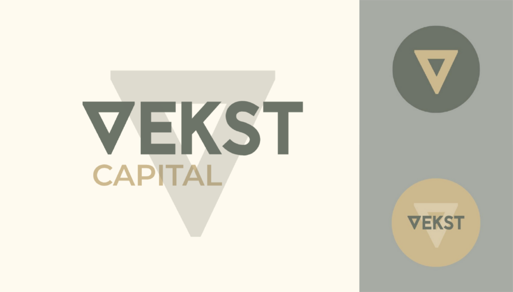 Logo for Vekst Capital, ideal for web design or South Carolina businesses, with VEKST over a large downward triangle and CAPITAL in gold below. Two circles on the right display triangle and logo variations in grey and gold tones.