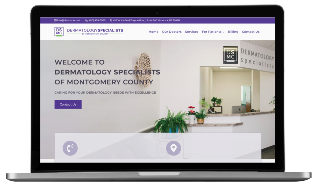 A laptop screen displays the homepage of Dermatology Specialists of Montgomery County, showcasing modern website design for this Pennsylvania medical practice with a welcome message, contact button, and office reception area featuring the DSMC logo.