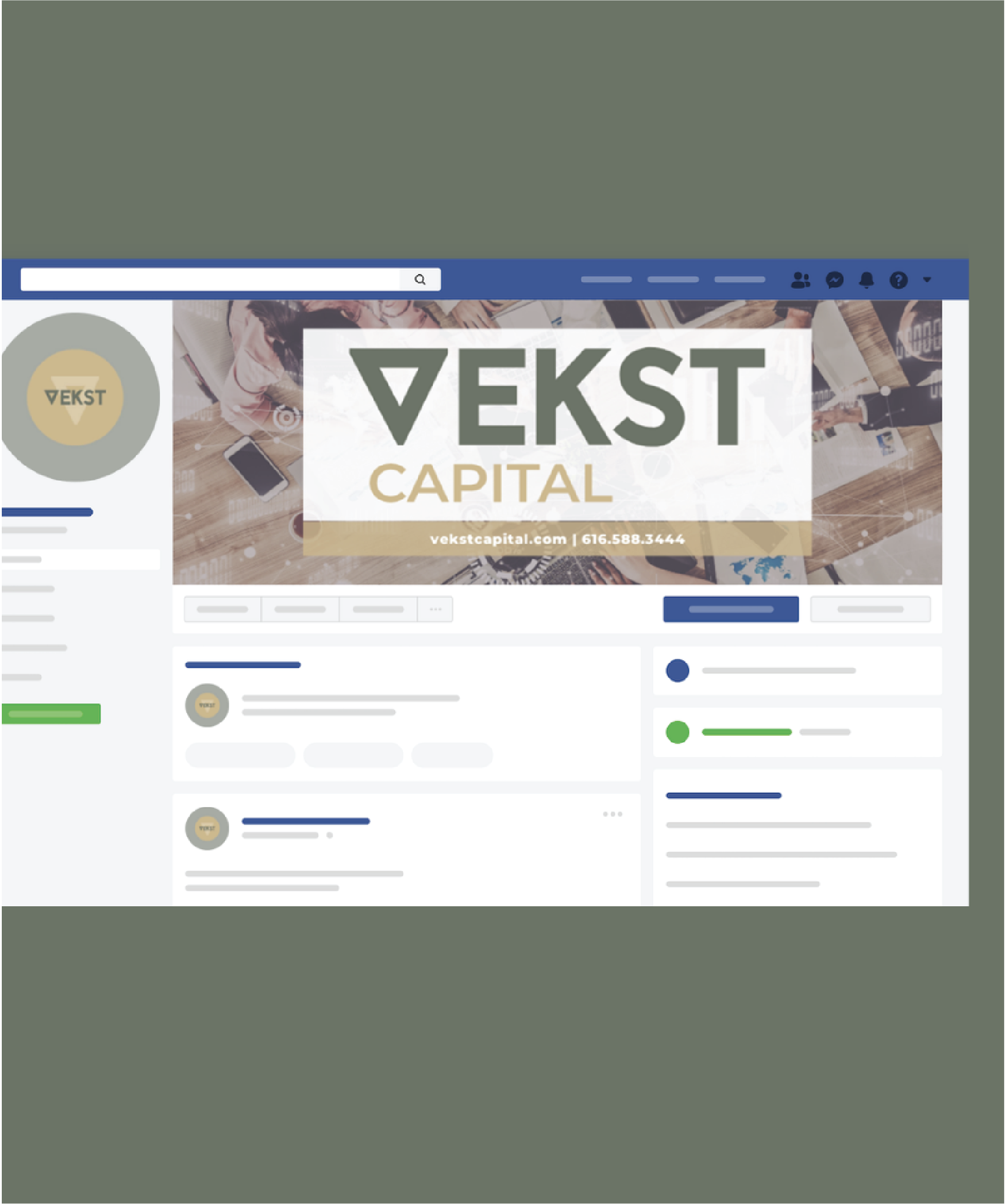 A social media profile page for Vekst Capital in South Carolina, featuring a cover image with the company logo and contact information. The layout, crafted with modern web design principles, includes posts, a sidebar, and navigation icons.