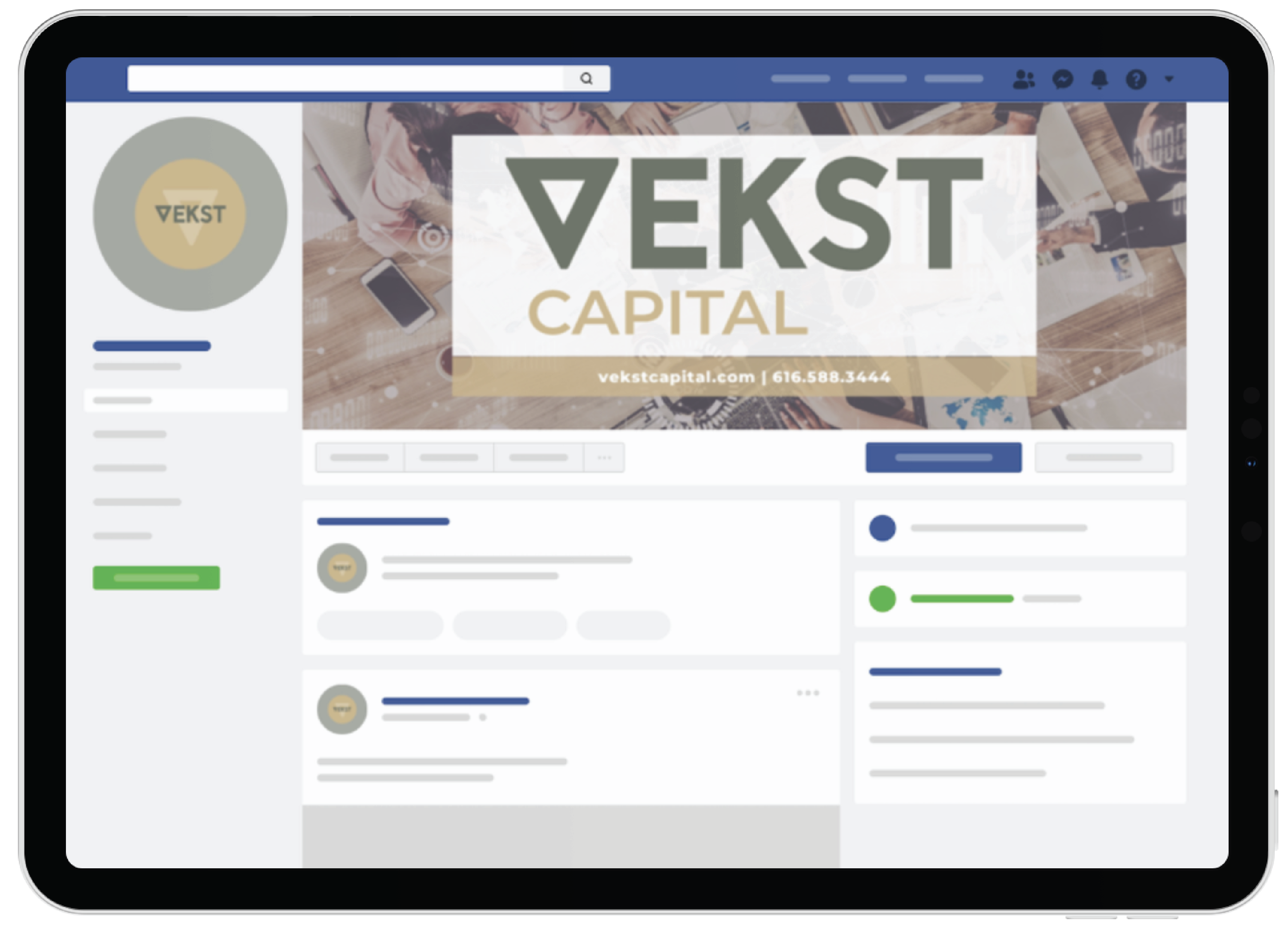 social media graphic design for firm_1 | Moonlit Media LLC A tablet screen displays a Facebook business page for Michigan-based equity firm Vekst Capital, showcasing the company logo, contact info, and engaging social media graphics with profile picture, cover photo, and various posts.