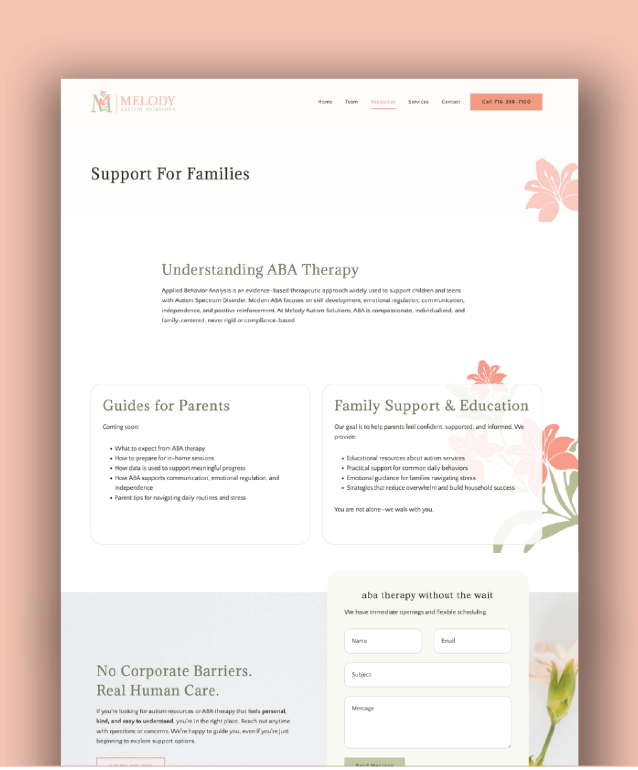A website page for MELODY offering ABA therapy for families in Philadelphia, PA, describing services, family support, and education. The custom website design features a floral motif and contact button; a therapy inquiry form is visible at the bottom.
