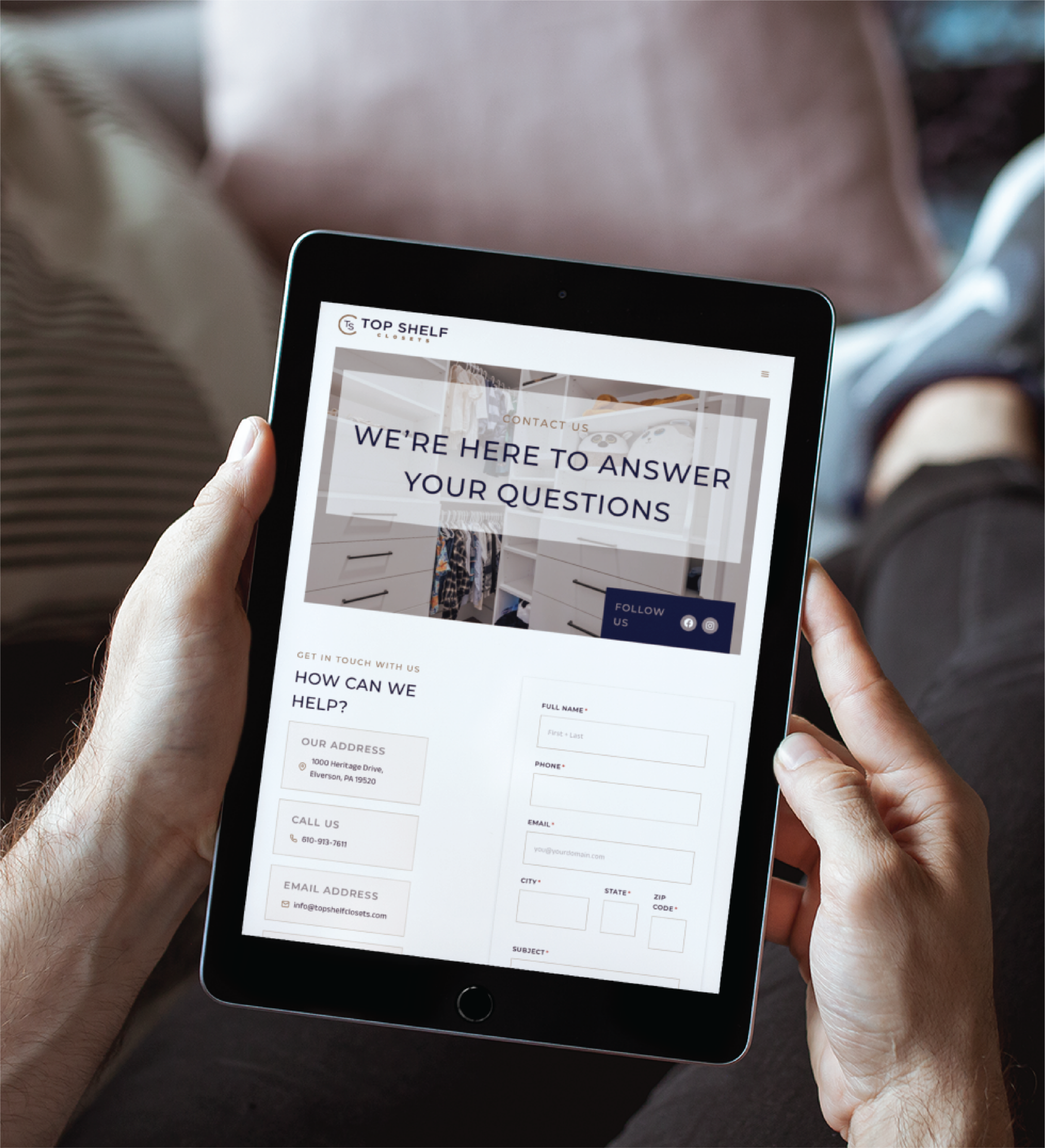 A person holds a tablet displaying a custom web design contact form for Top Shelf, with the message "We're here to answer your questions" and fields for name, phone, email, and message at a beauty salon in Pennsylvania.