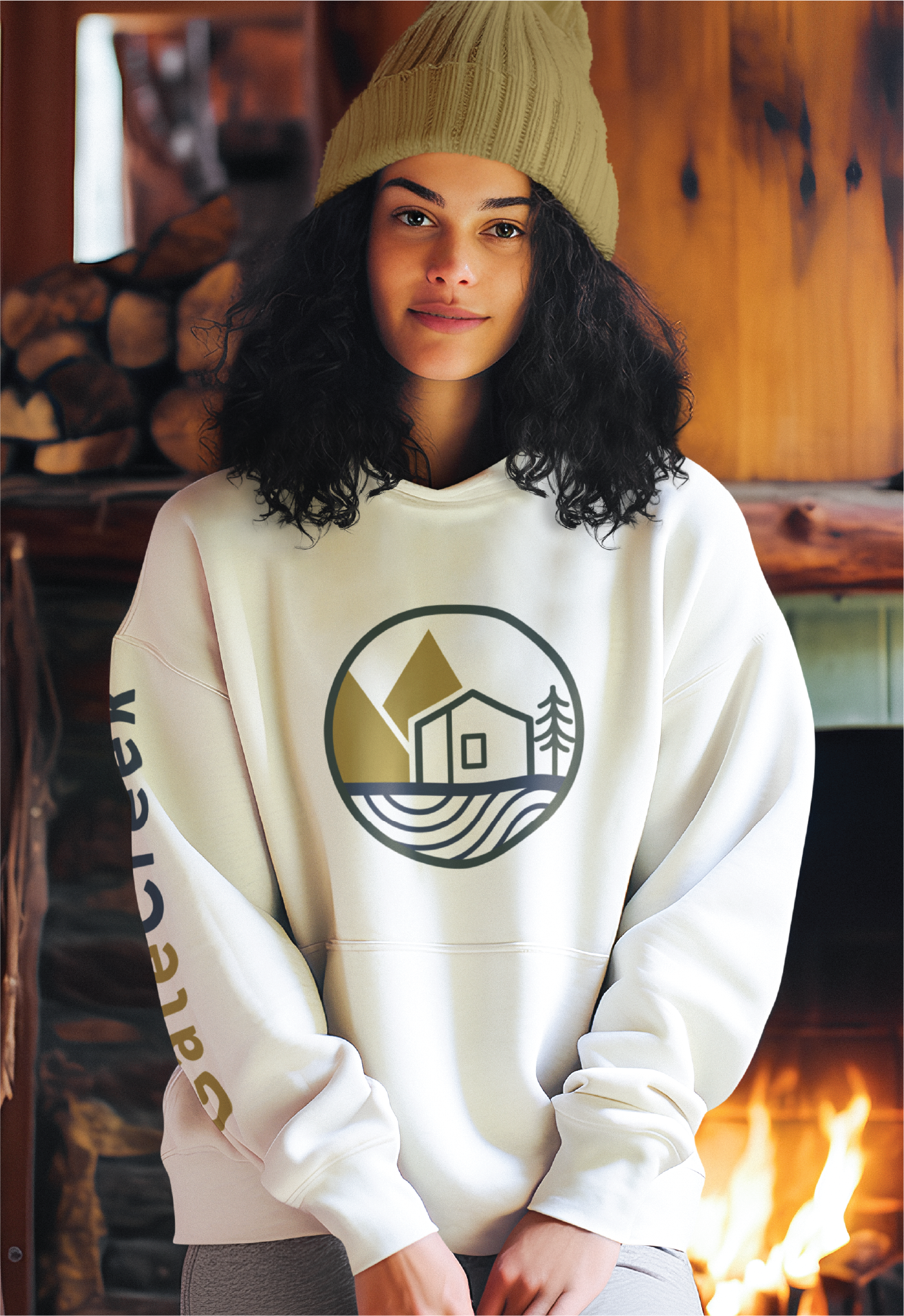 A woman with curly dark hair, wearing a beige knit hat and a white sweatshirt featuring a US cabin and mountain logo design, stands indoors by a fireplace and stacked firewood. Gate Creek is printed on her sleeve, reflecting a women-focused business vibe.
