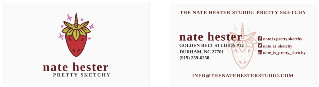 Two business cards for Nate Hester, Pretty Sketchy. The left card features a stylized strawberry with sparkles inspired by Tennessee flair. The right card lists contact details, social media handles, and the same strawberry illustration.