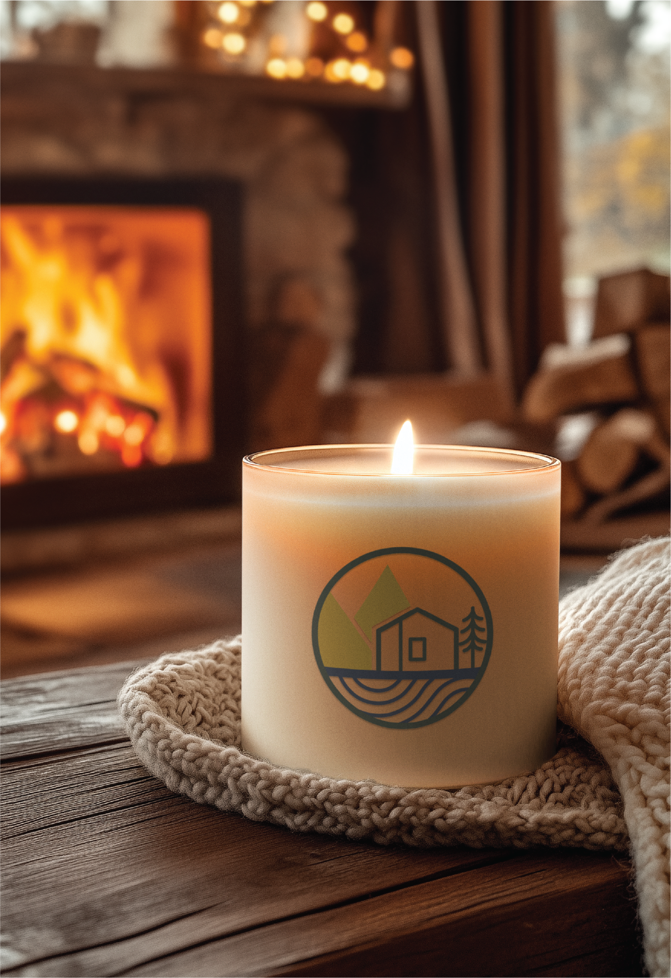 A lit white candle featuring a US cabin and mountain logo design sits on a knitted mat atop a wooden table, with a cozy fireplace and stacked logs in the blurred background.