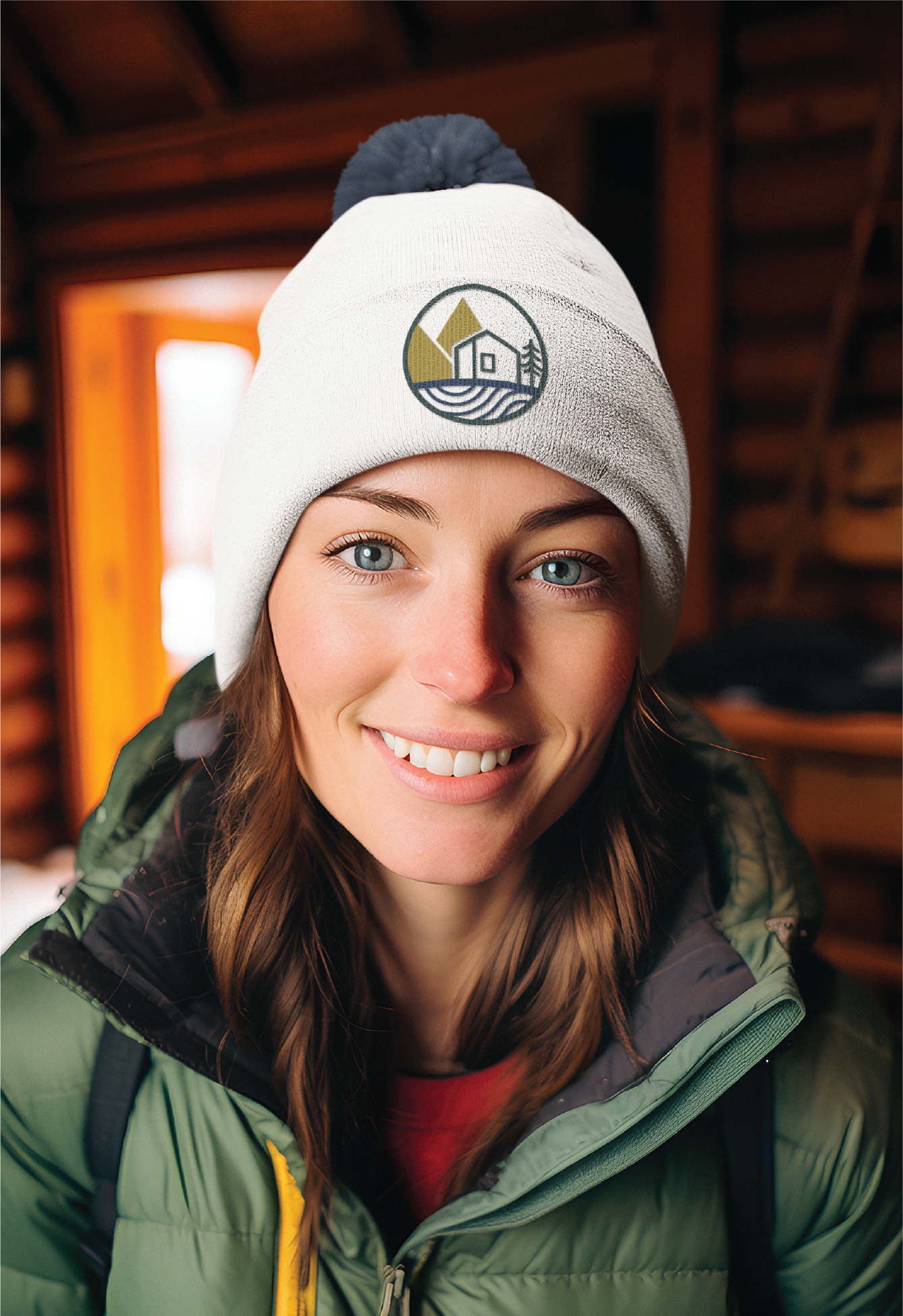 A smiling woman wearing a white winter hat with a women-focused business logo and a green puffer jacket stands indoors in a cozy wooden US cabin, warm light streaming from an open door behind her.