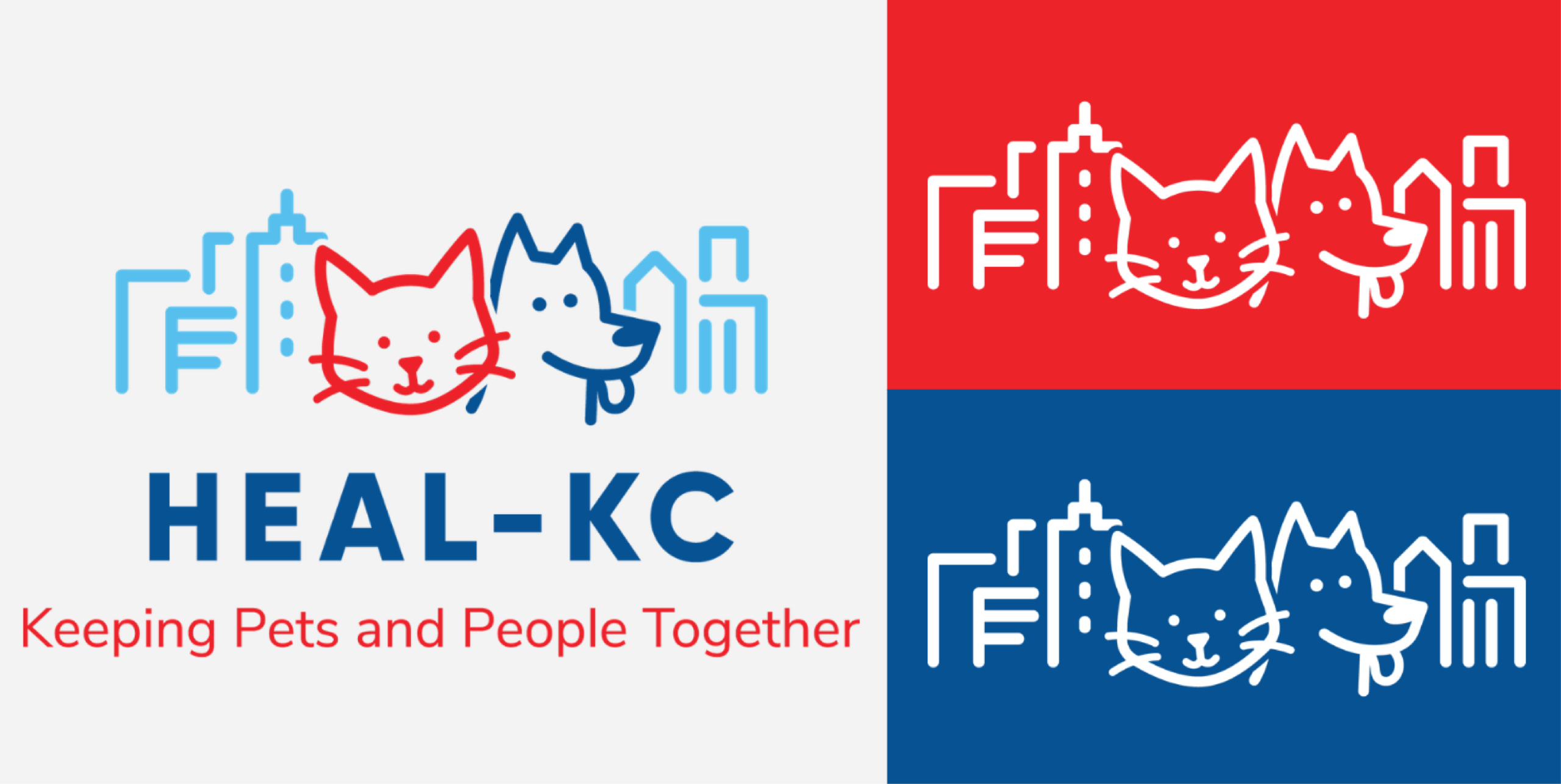 US Logo Design for HEAL-KC featuring simple outlines of a cat and dog in front of buildings. Text reads “HEAL-KC Keeping Pets and People Together.” Two color versions: red on blue and white on red.