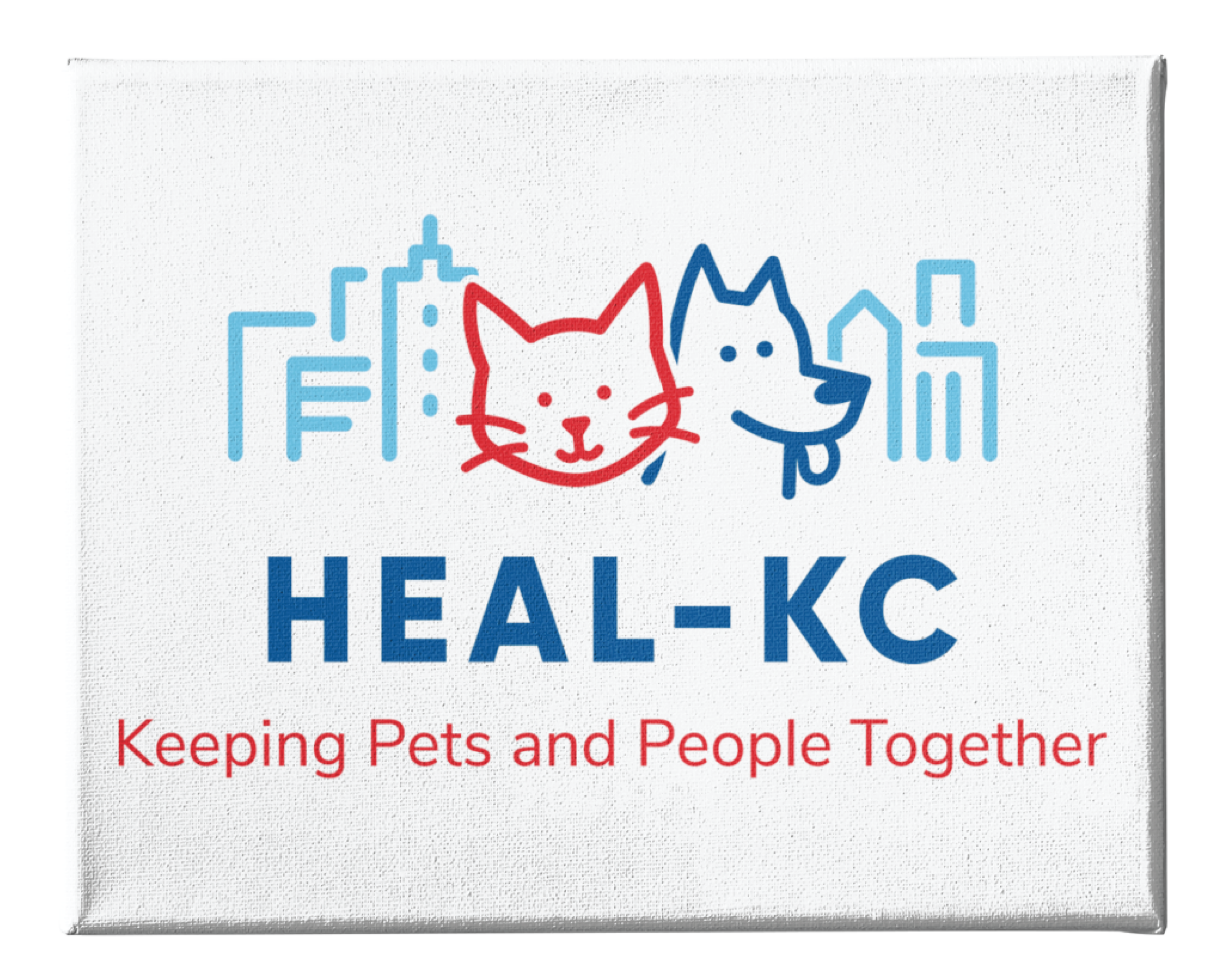 Illustration of a blue city skyline with a red cat and a blue dog above the text 'Keeping Pets and People Together' in red and blue.
