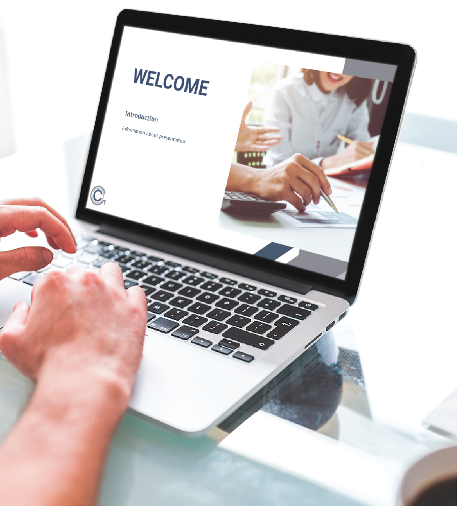 A person types on a laptop displaying a presentation slide titled WELCOME, featuring an image of people discussing papers and pens on a desk, highlighting HR Management concepts in professional Slide Deck Design.