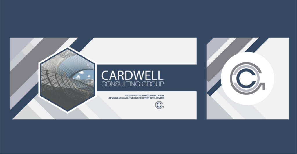 A business graphic for Cardwell Consulting Group showcasing expertise in HR Management, with a hexagonal photo of a curved metal structure, text, geometric lines, and the company logo on a blue and white background.