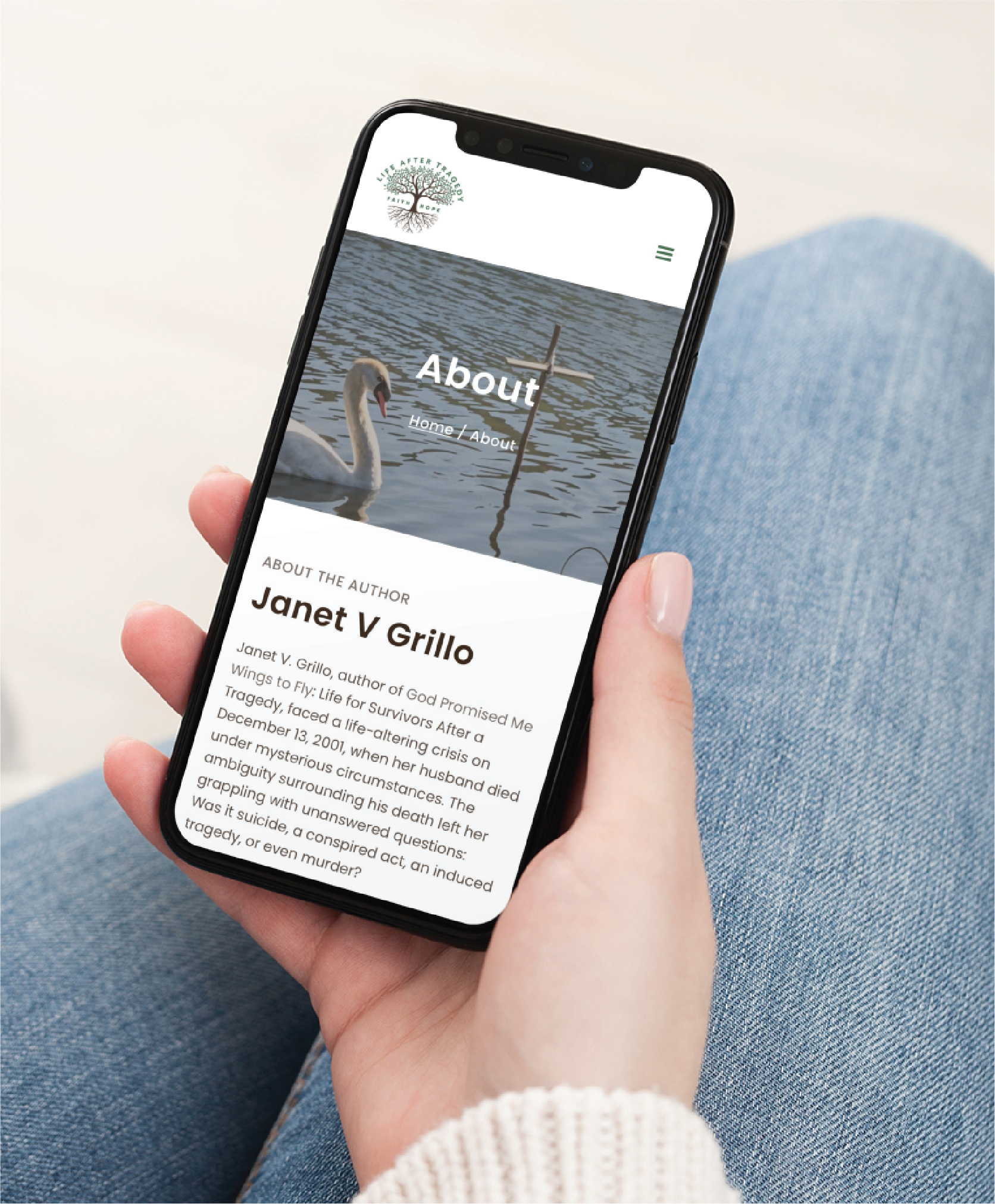 A person holds a smartphone displaying an author’s “About” page featuring Janet V. Grillo’s bio, with a photo of a swan swimming in a pond at the top—highlighting elegant website design from Pennsylvania.