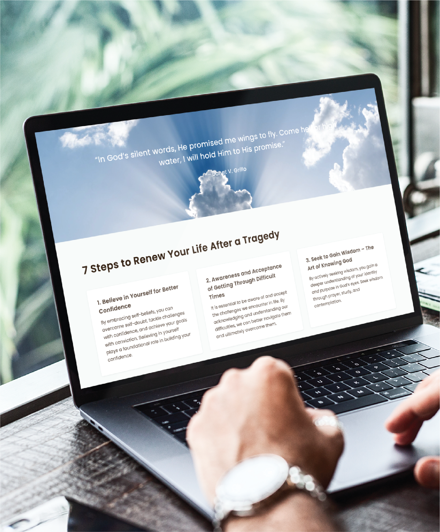 A person in Pennsylvania uses a laptop displaying an article titled 7 Steps to Renew Your Life After a Tragedy, featuring clouds and sunlight, with a quote at the top—showcasing thoughtful website design for a counseling service.