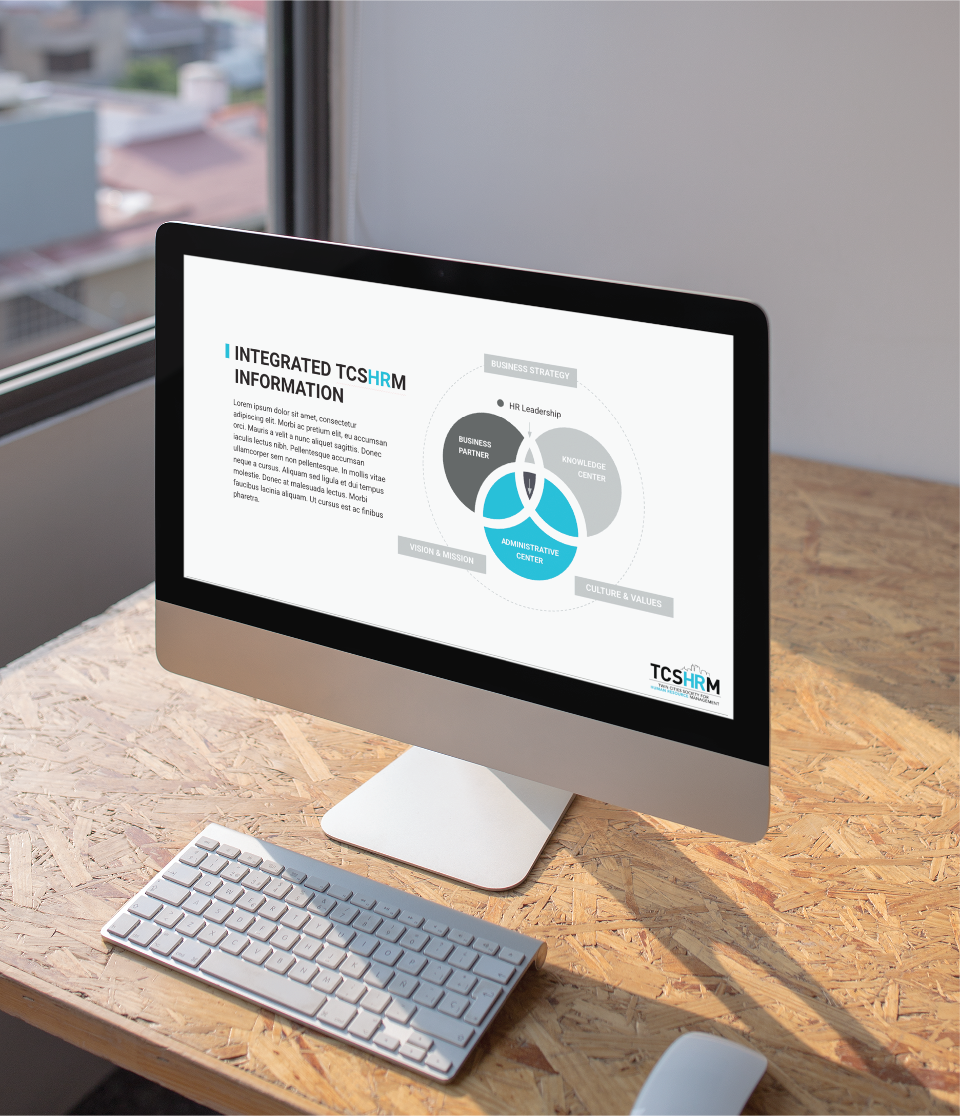 A computer on a wooden desk displays a diagram labeled INTEGRATED TCSHRM INFORMATION with interconnected circles and text about HR leadership, business partnership, and administrative experts—perfect for Michigan Equity Firm social media graphics.
