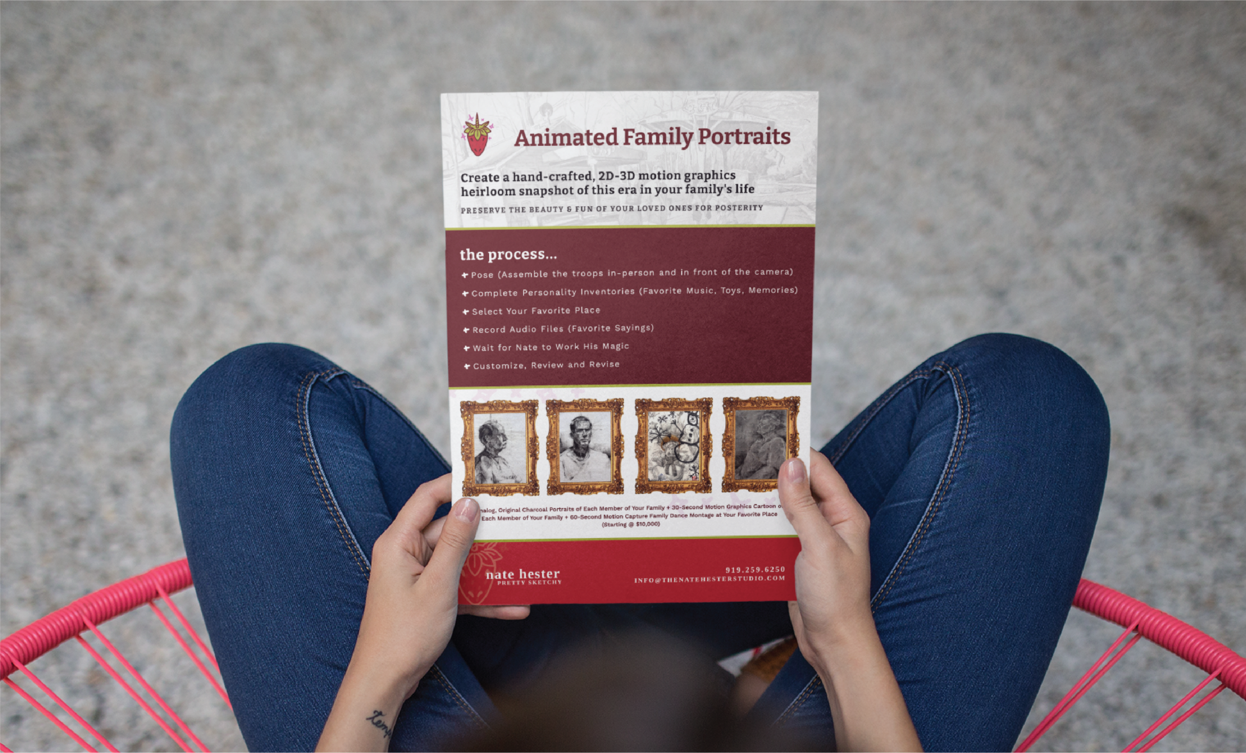 A person sits cross-legged holding a flyer for Animated Family Portraits, featuring sample grayscale portraits in ornate frames and describing the process for creating custom hand-crafted motion graphics family heirlooms in Tennessee.